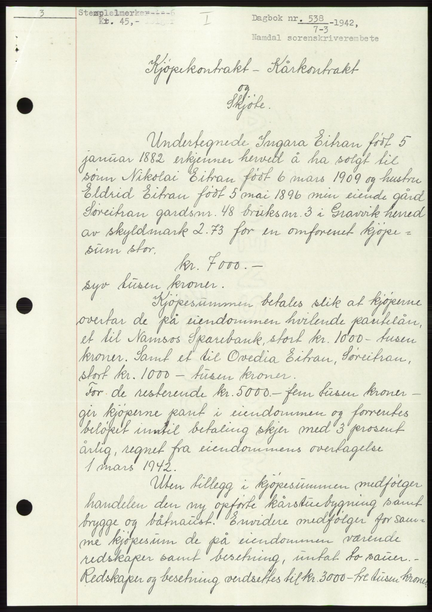 Namdal sorenskriveri, SAT/A-4133/1/2/2C: Pantebok nr. -, 1941-1942, Dagboknr: 538/1942