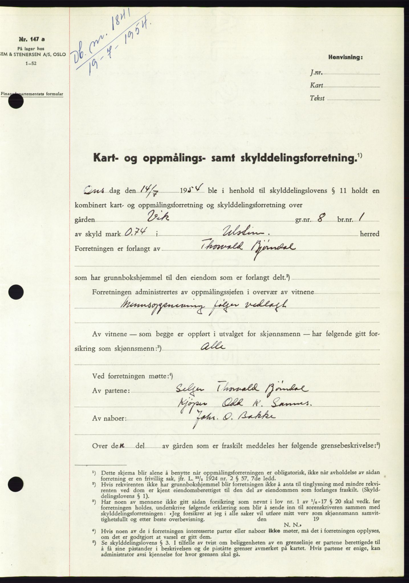 Søre Sunnmøre sorenskriveri, SAT/A-4122/1/2/2C/L0098: Pantebok nr. 24A, 1954-1954, Dagboknr: 1841/1954