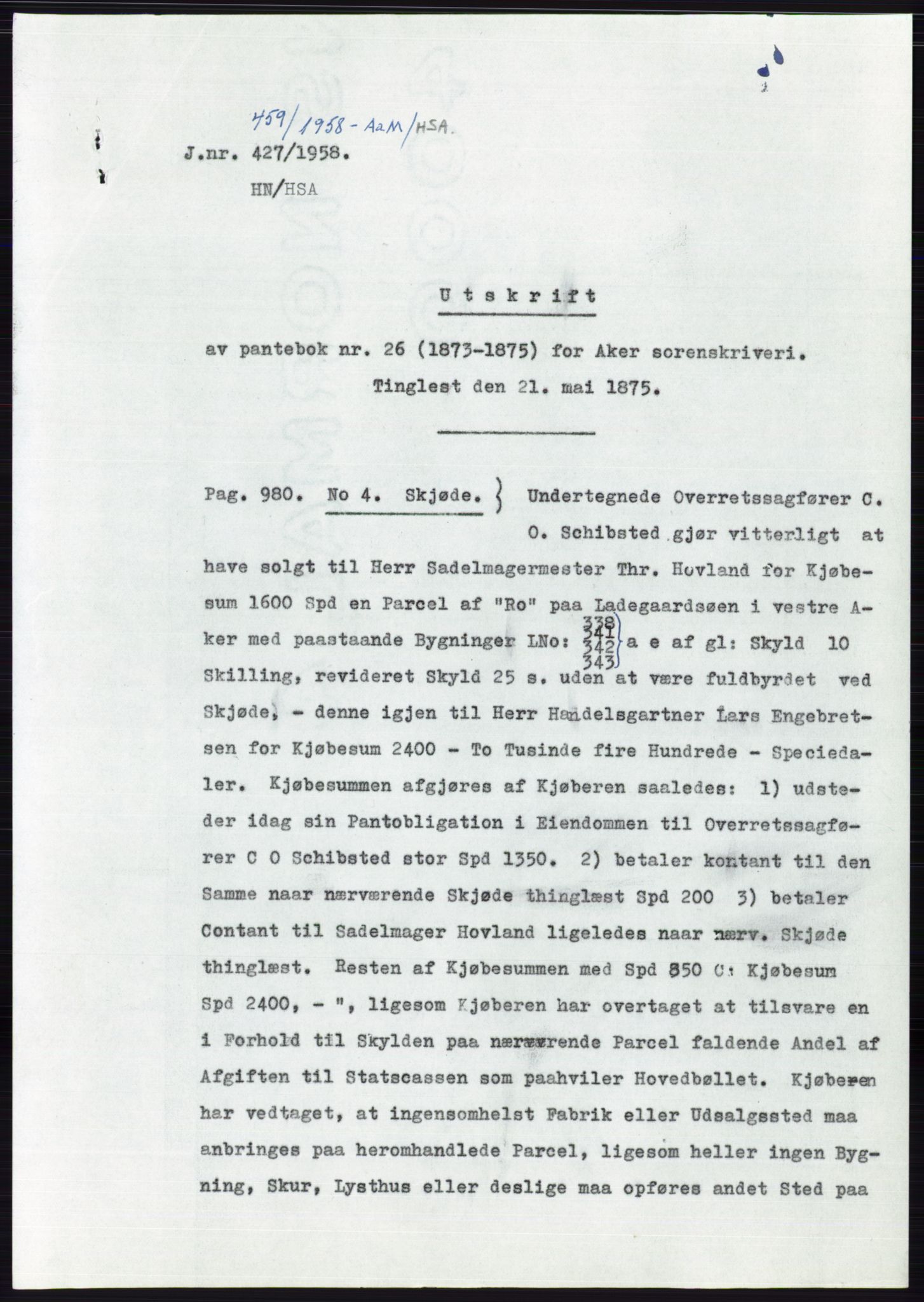 Statsarkivet i Oslo, SAO/A-10621/Z/Zd/L0008: Avskrifter, j.nr 14-1096/1958, 1958, s. 138