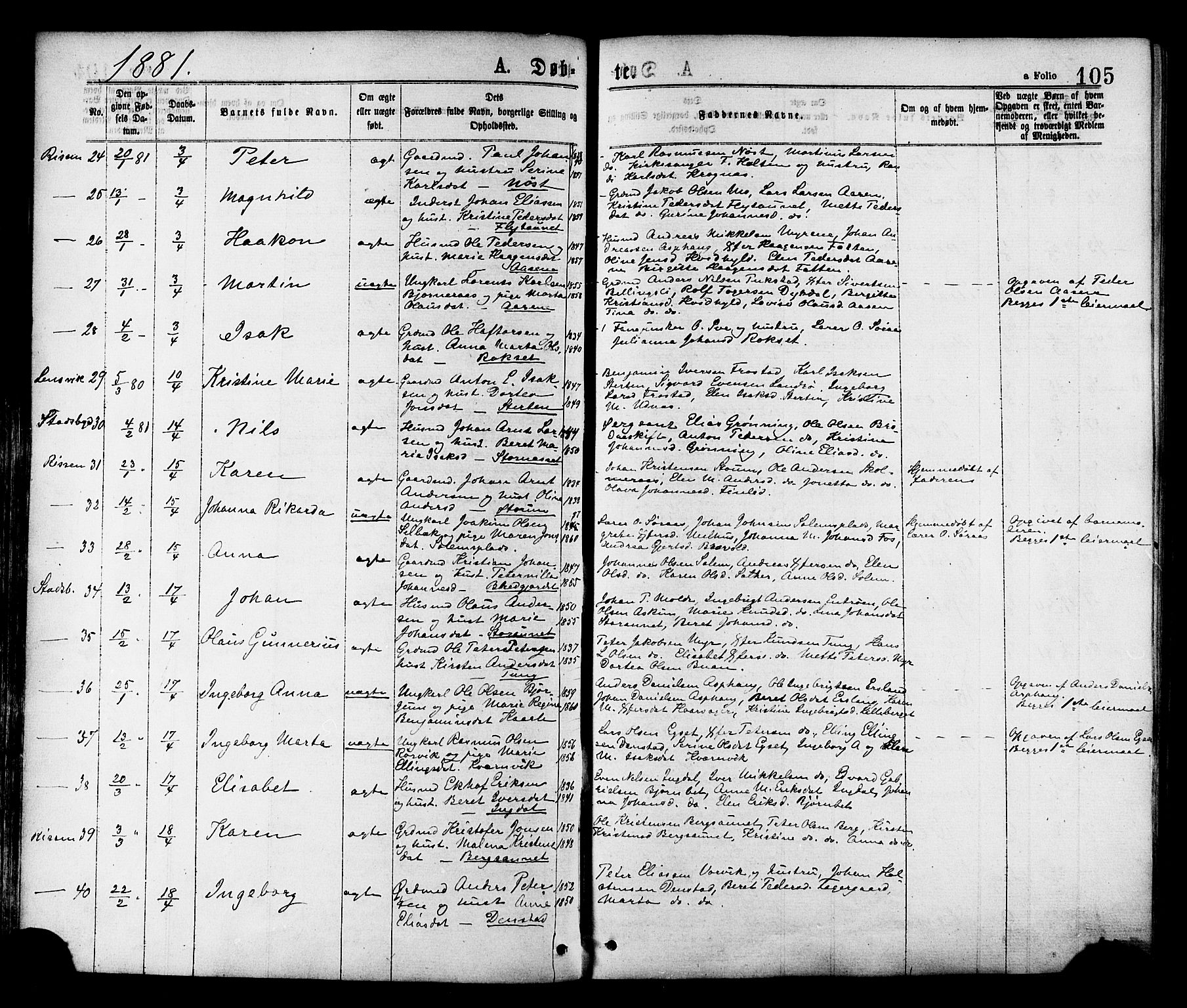 Ministerialprotokoller, klokkerbøker og fødselsregistre - Sør-Trøndelag, SAT/A-1456/646/L0613: Ministerialbok nr. 646A11, 1870-1884, s. 105