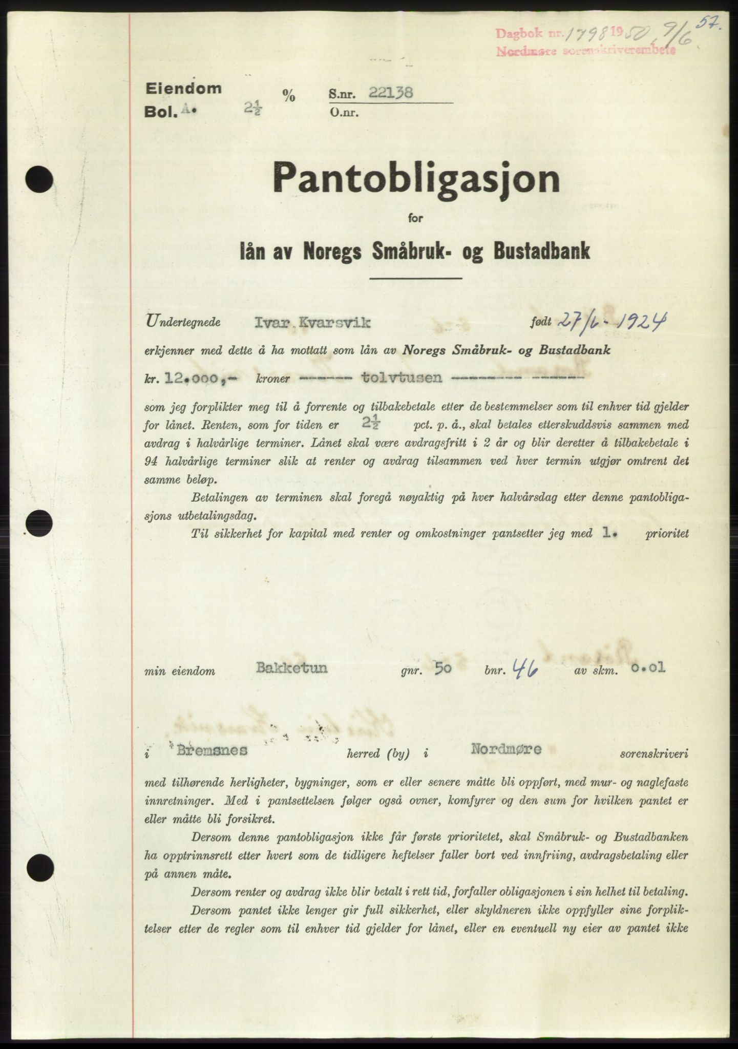 Nordmøre sorenskriveri, AV/SAT-A-4132/1/2/2Ca: Pantebok nr. B105, 1950-1950, Dagboknr: 1798/1950