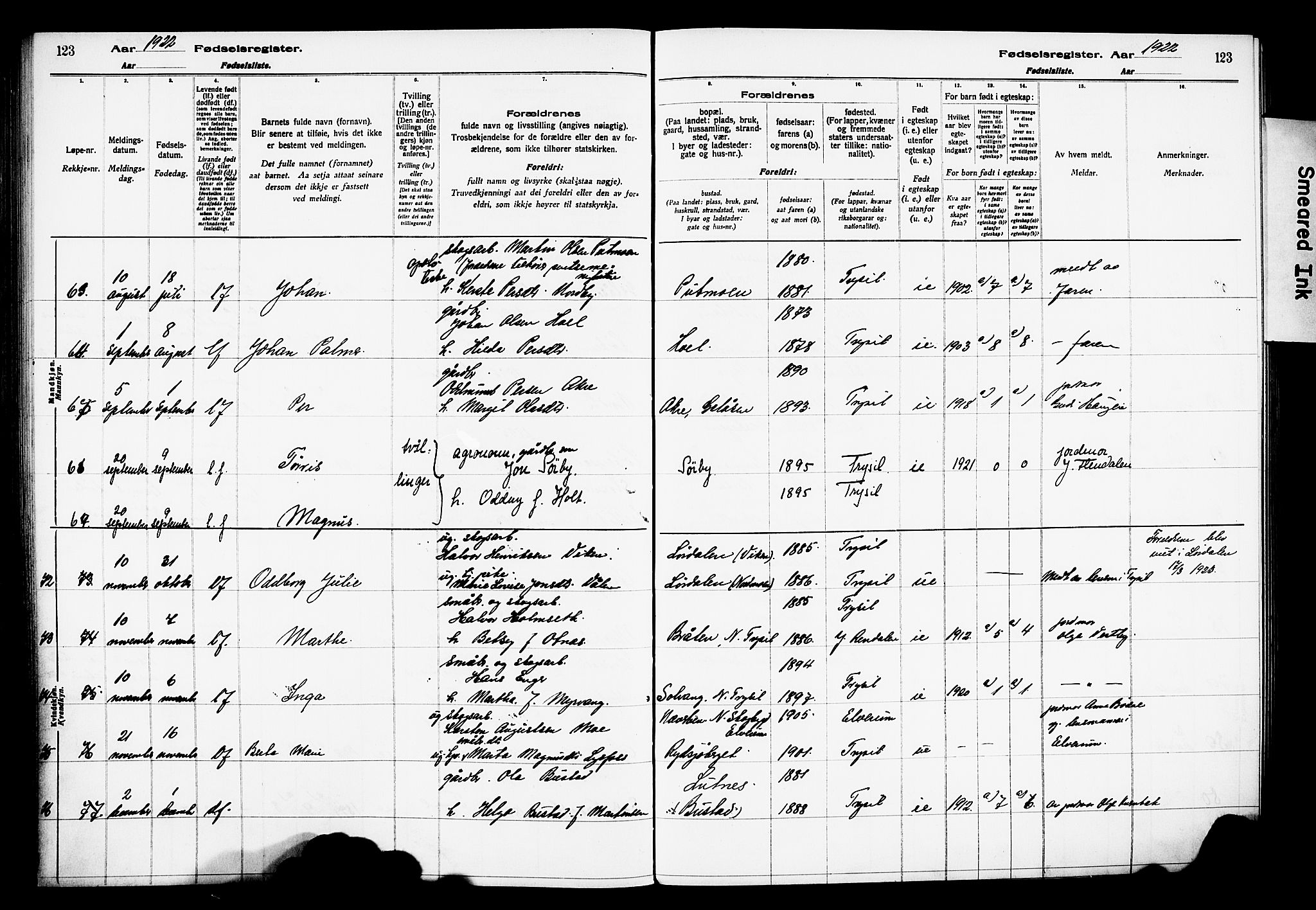 Trysil prestekontor, AV/SAH-PREST-046/I/Id/Ida/L0001: Fødselsregister nr. I 1, 1916-1927, s. 123