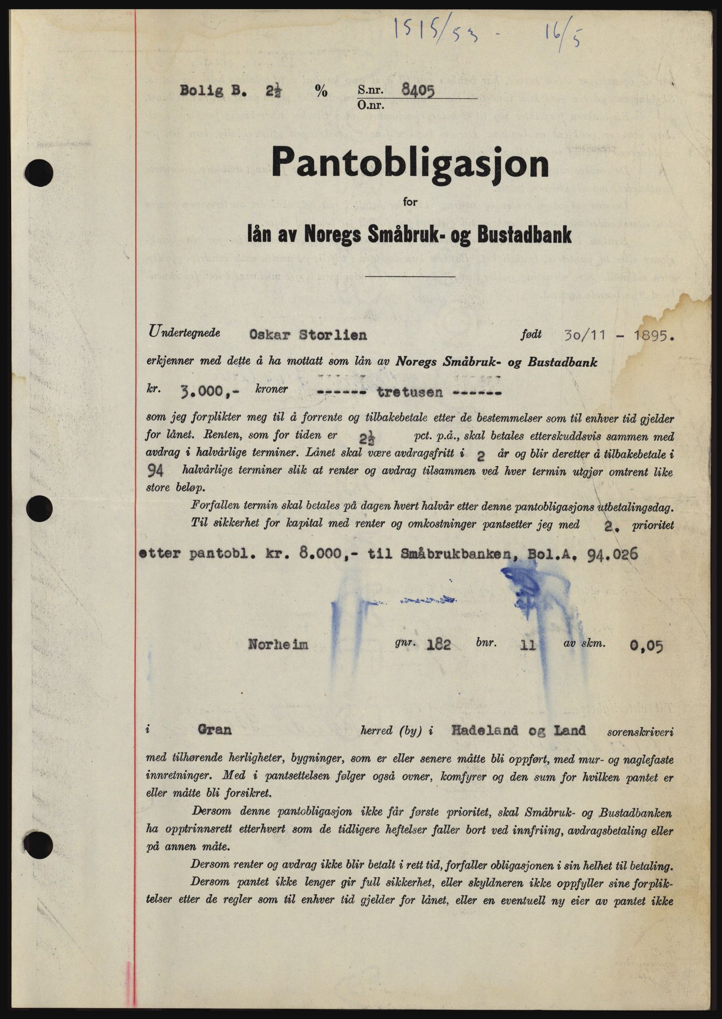 Hadeland og Land tingrett, SAH/TING-010/H/Hb/Hbc/L0027: Pantebok nr. B27, 1953-1953, Dagboknr: 1515/1953