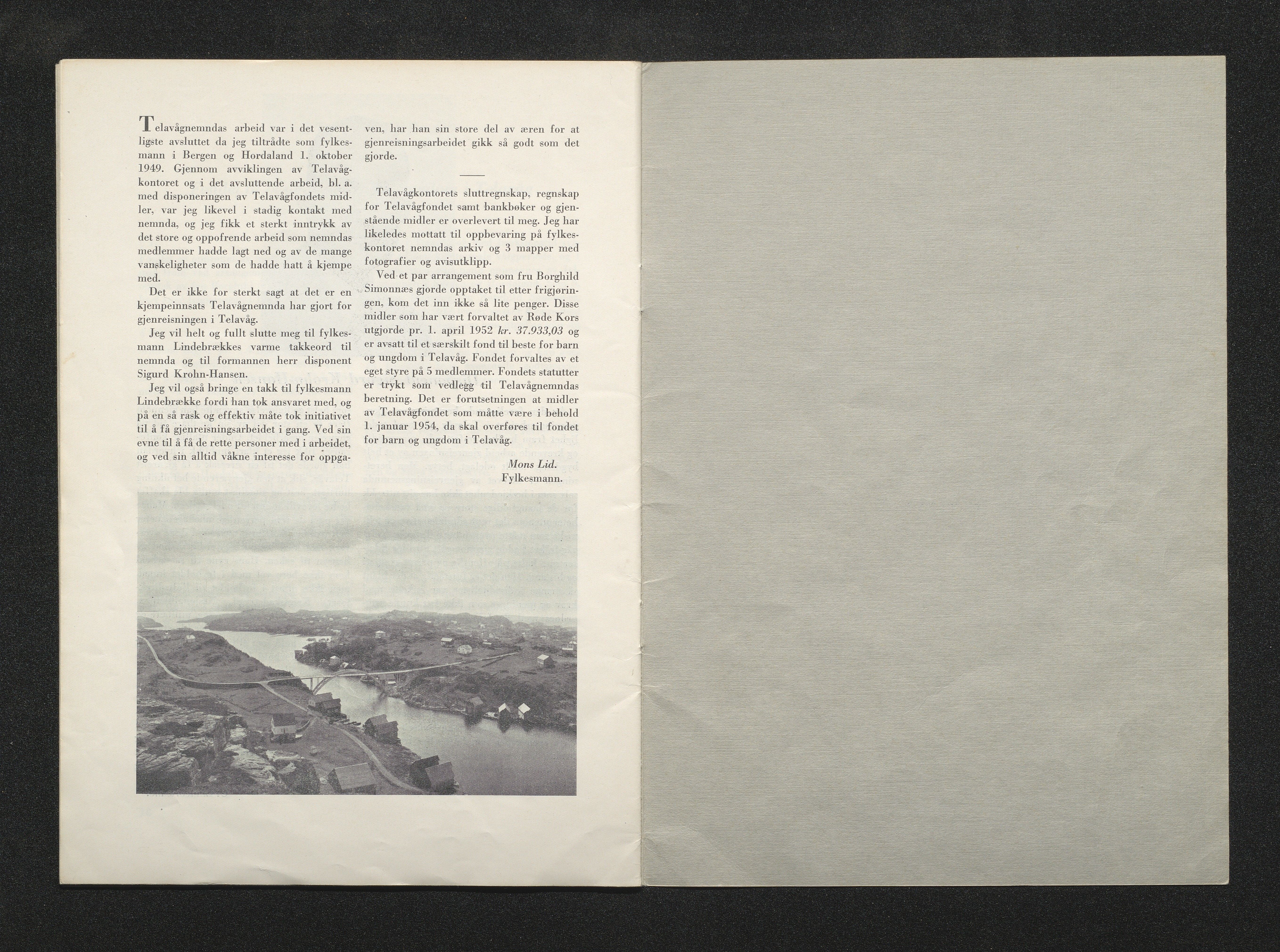 Sund kommune. Skulestyret, IKAH/1245-211/Ø/L0001/0002: Ymse trykksaker / Beretning om gjenreisningsarbeidet i Telavåg 1945 - 1949., 1952