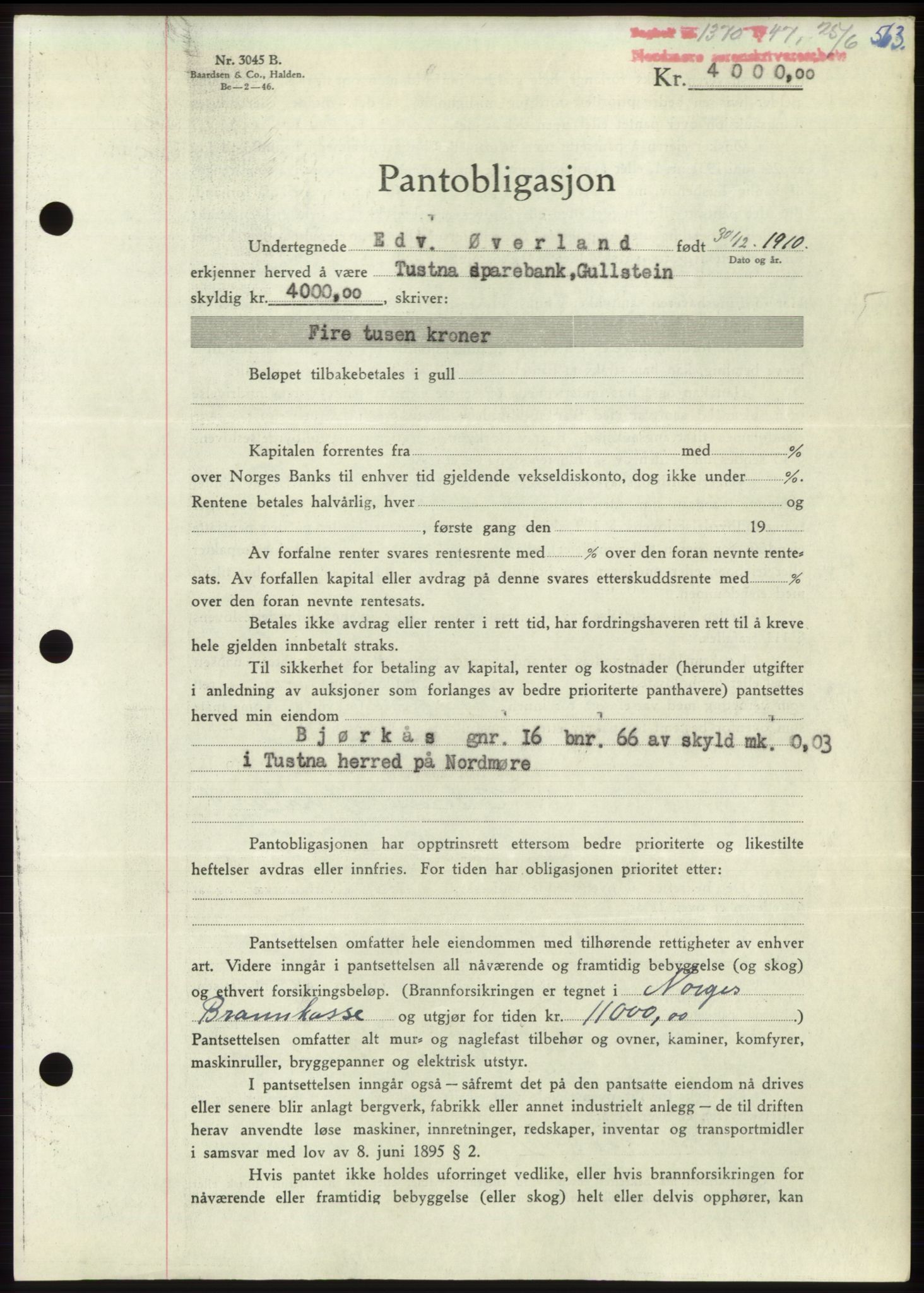 Nordmøre sorenskriveri, AV/SAT-A-4132/1/2/2Ca: Pantebok nr. B96, 1947-1947, Dagboknr: 1370/1947