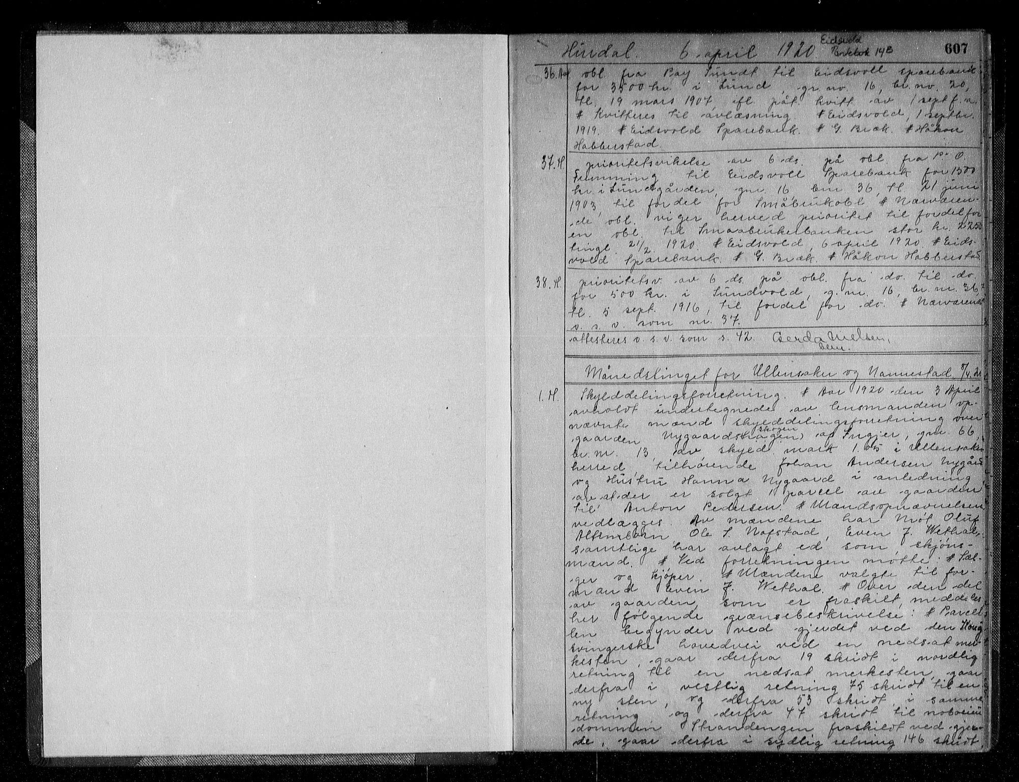 Eidsvoll tingrett, AV/SAO-A-10371/G/Gb/Gba/L0014b: Pantebok nr. 14b, 1920-1921, s. 607
