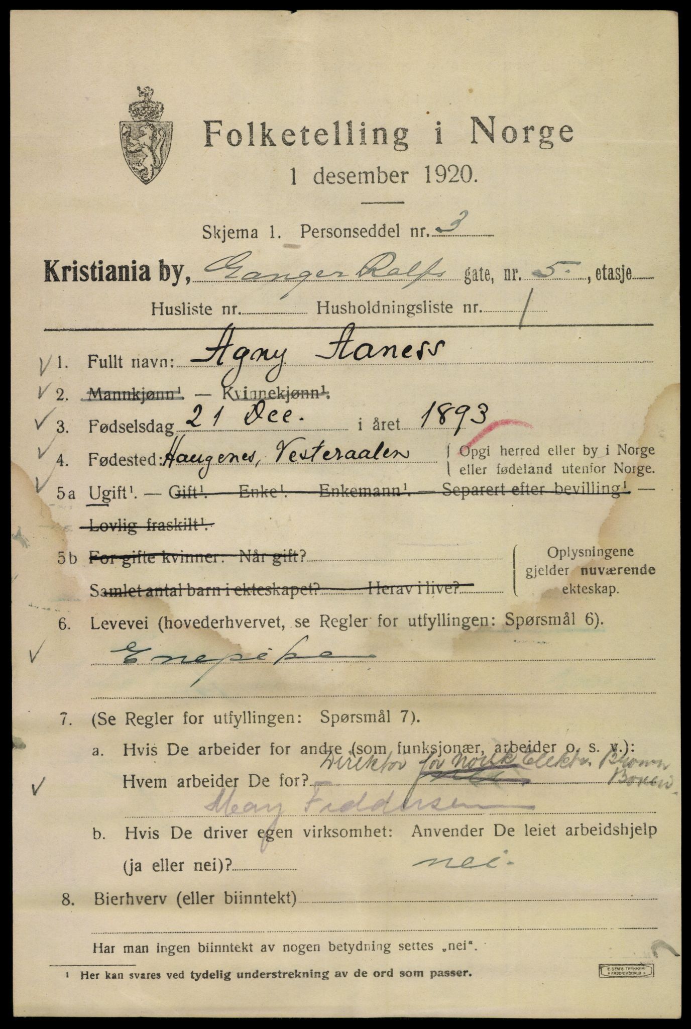 SAO, Folketelling 1920 for 0301 Kristiania kjøpstad, 1920, s. 247015