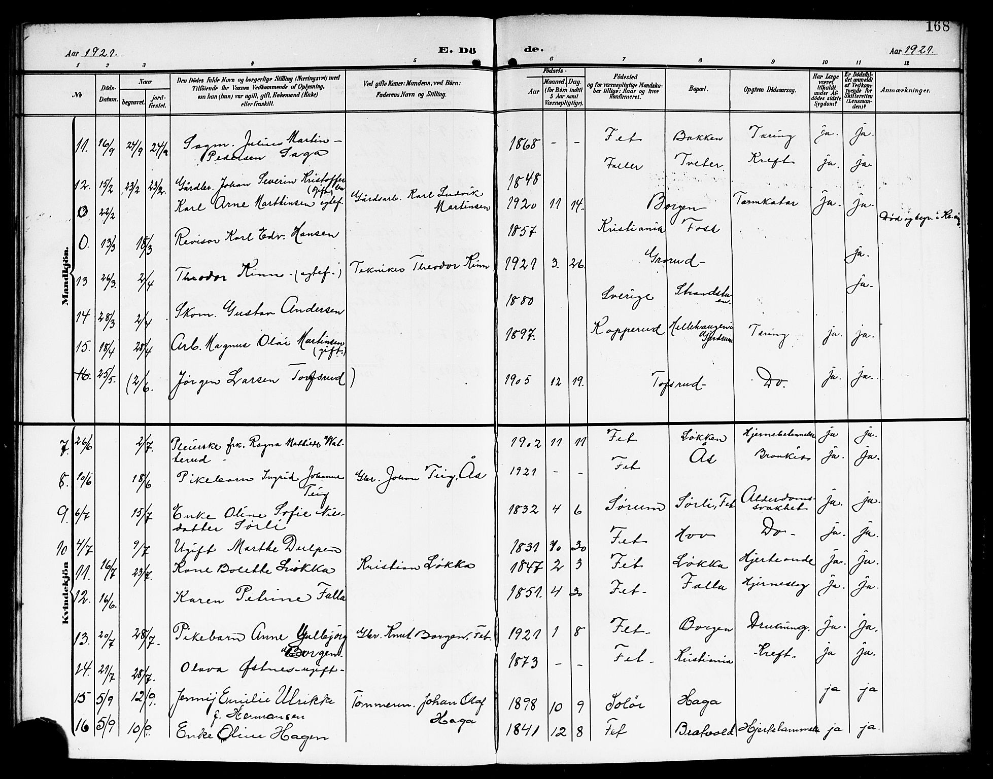 Fet prestekontor Kirkebøker, AV/SAO-A-10370a/G/Ga/L0008: Klokkerbok nr. I 8, 1907-1920, s. 168