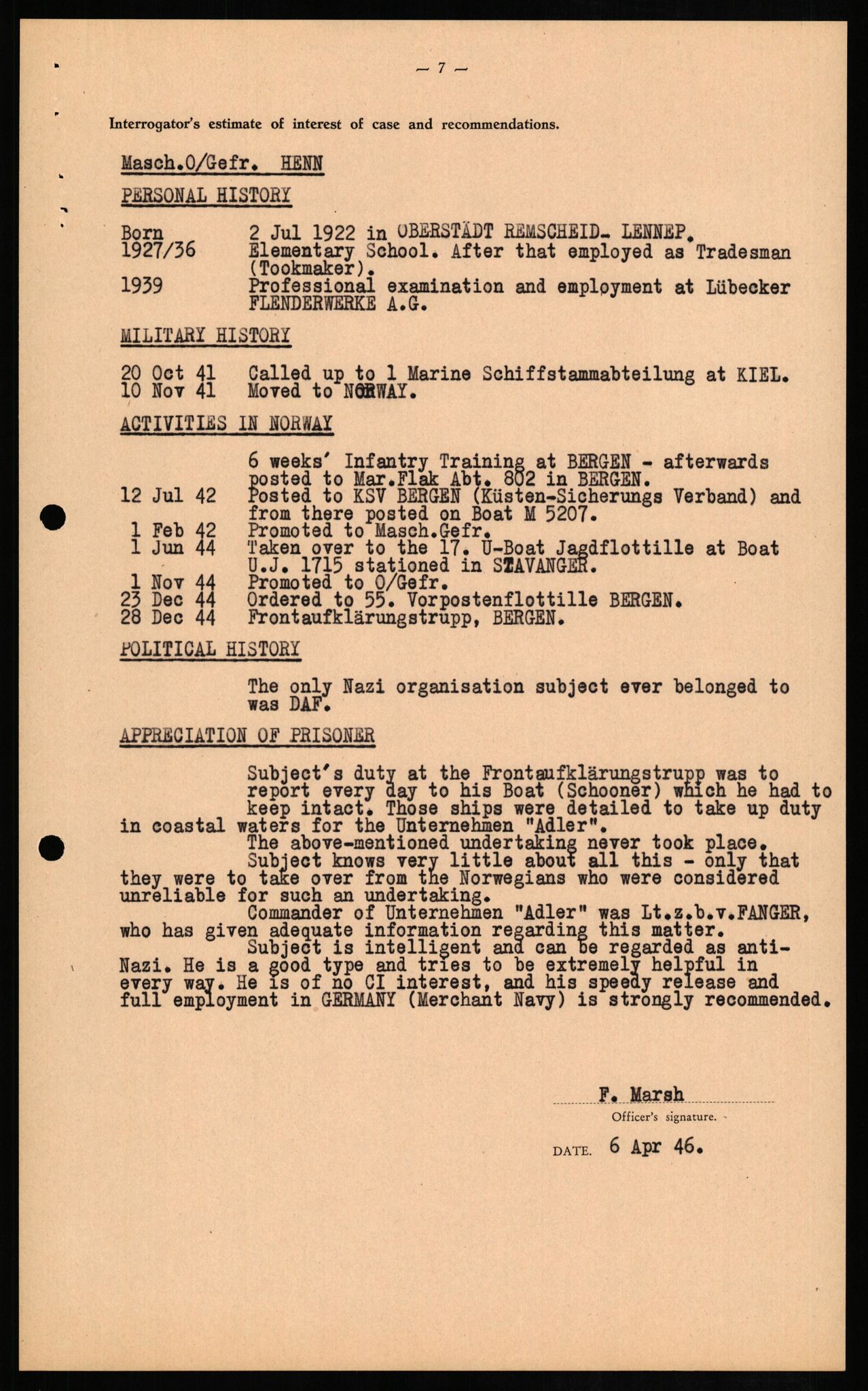 Forsvaret, Forsvarets overkommando II, AV/RA-RAFA-3915/D/Db/L0012: CI Questionaires. Tyske okkupasjonsstyrker i Norge. Tyskere., 1945-1946, s. 471