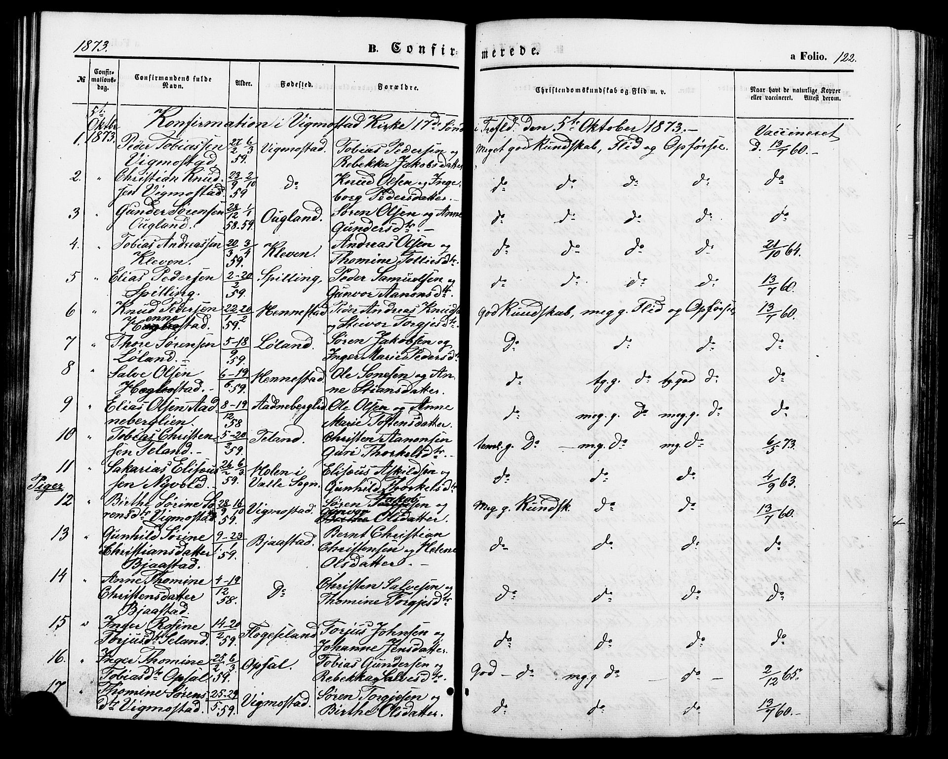 Nord-Audnedal sokneprestkontor, SAK/1111-0032/F/Fa/Fab/L0002: Ministerialbok nr. A 2, 1859-1882, s. 122