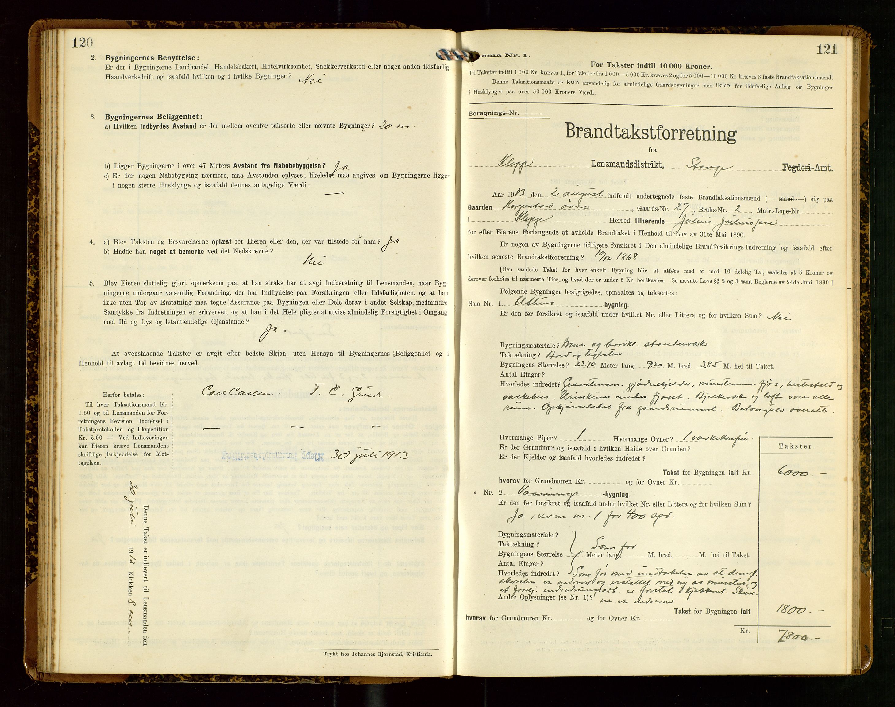 Klepp lensmannskontor, AV/SAST-A-100163/Goc/L0007: "Brandtaxationsprotokol" m/register, 1911-1915, s. 120-121