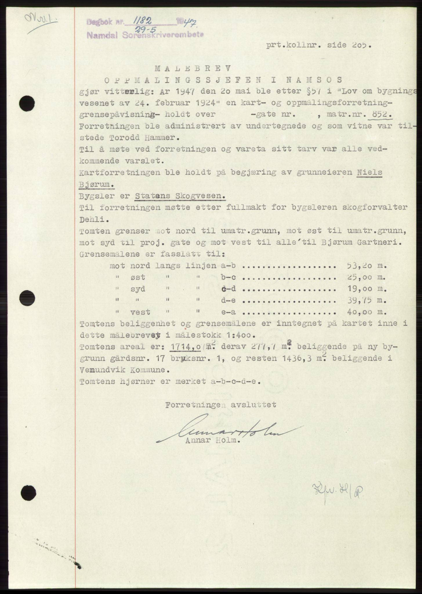 Namdal sorenskriveri, SAT/A-4133/1/2/2C: Pantebok nr. -, 1947-1947, Dagboknr: 1182/1947
