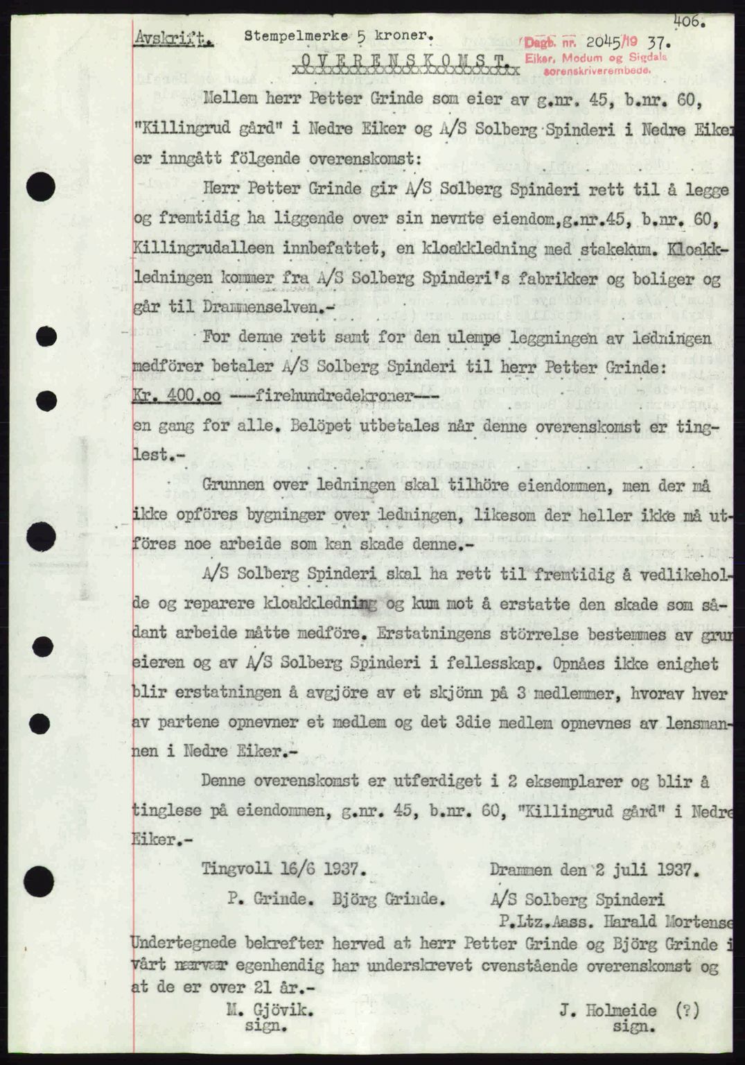 Eiker, Modum og Sigdal sorenskriveri, SAKO/A-123/G/Ga/Gab/L0036: Pantebok nr. A6, 1937-1937, Dagboknr: 2045/1937