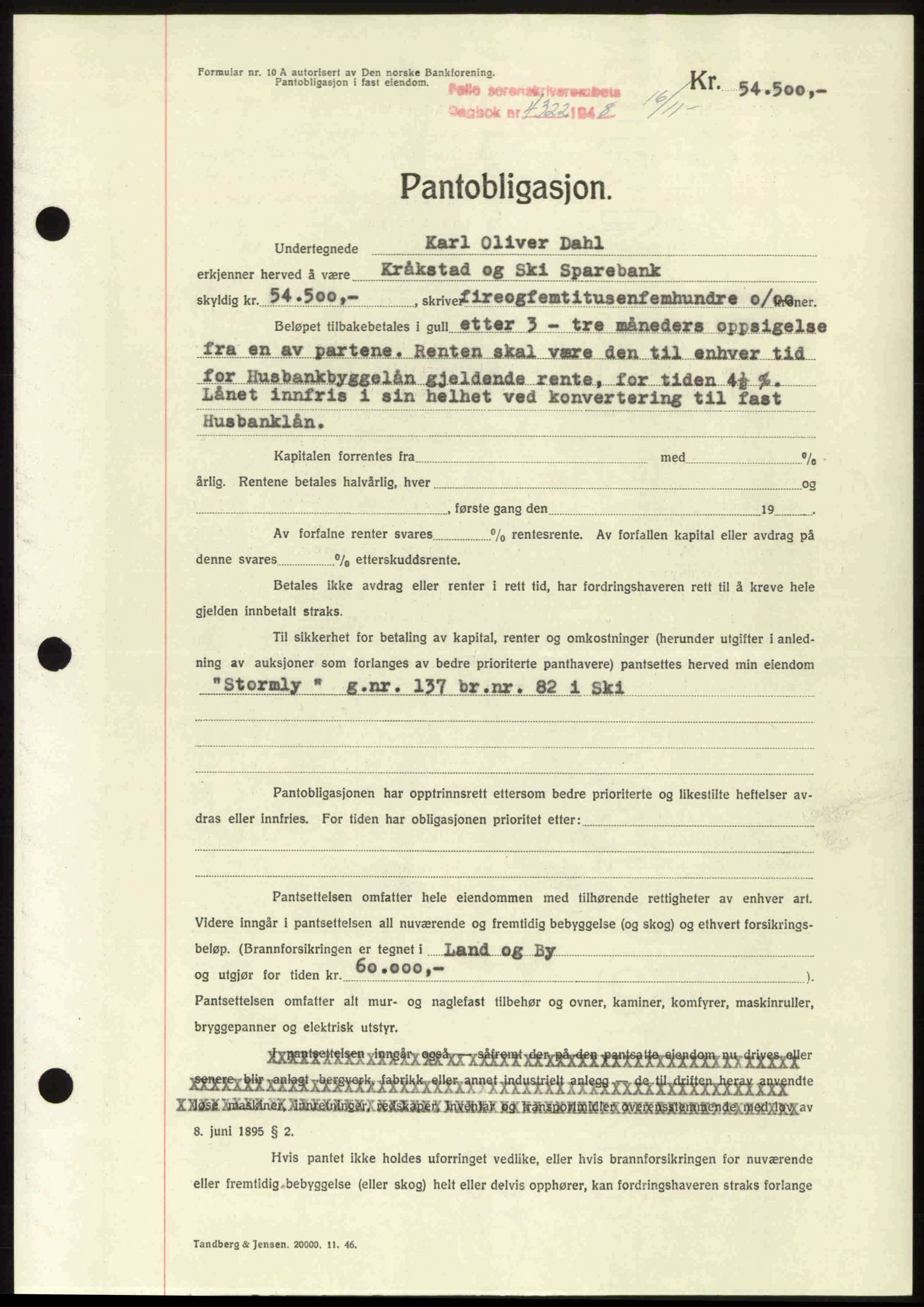 Follo sorenskriveri, SAO/A-10274/G/Ga/Gaa/L0085: Pantebok nr. I 85, 1948-1948, Dagboknr: 4322/1948