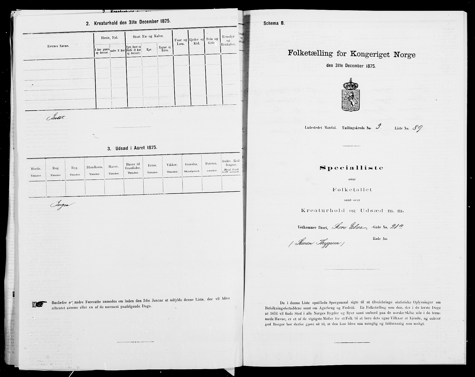 SAK, Folketelling 1875 for 1002B Mandal prestegjeld, Mandal ladested, 1875, s. 200