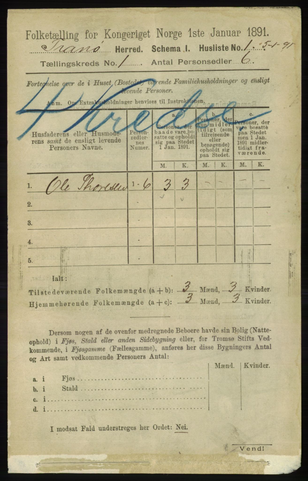 RA, Folketelling 1891 for 1927 Tranøy herred, 1891, s. 16