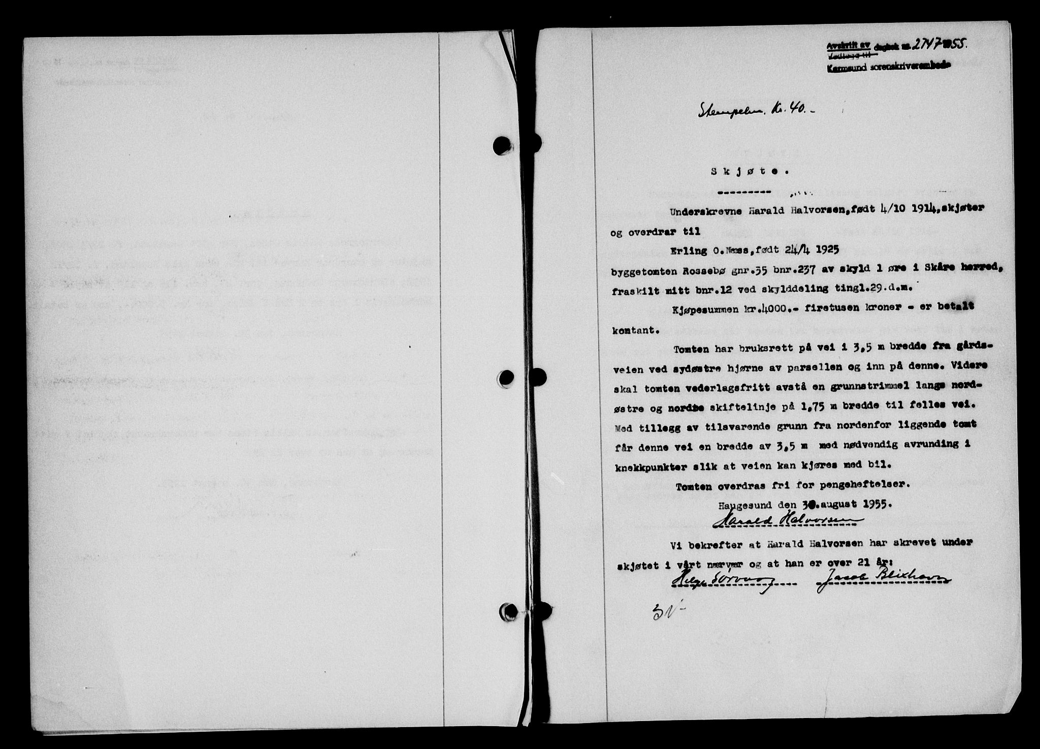 Karmsund sorenskriveri, SAST/A-100311/01/II/IIB/L0116: Pantebok nr. 96A, 1955-1955, Dagboknr: 2747/1955