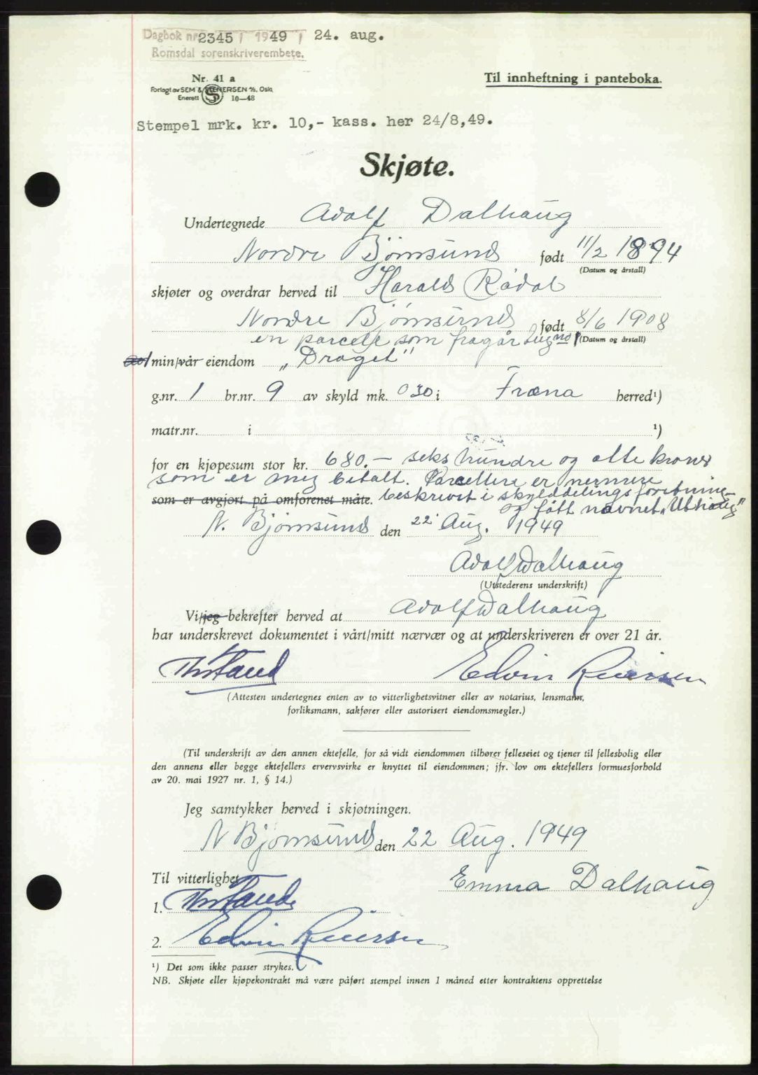 Romsdal sorenskriveri, SAT/A-4149/1/2/2C: Pantebok nr. A30, 1949-1949, Dagboknr: 2345/1949