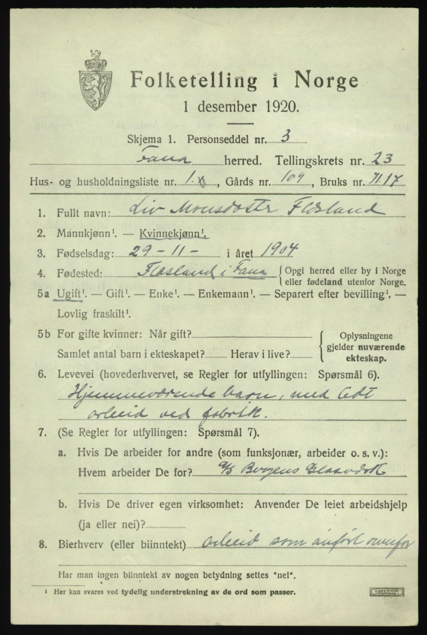 SAB, Folketelling 1920 for 1249 Fana herred, 1920, s. 26291