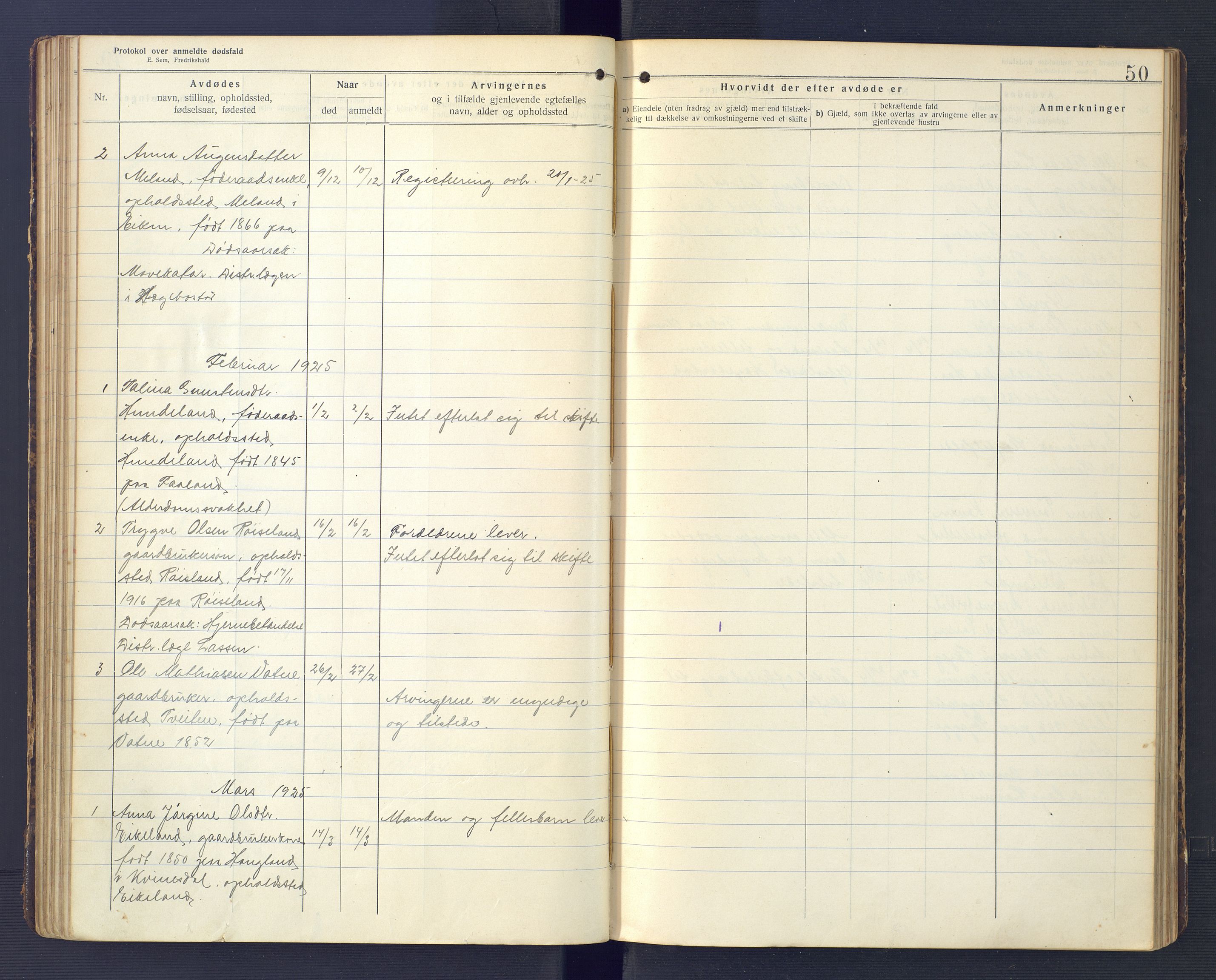 Hægebostad og Eiken lensmannskontor, AV/SAK-1241-0023/F/Fe/L0002: Dødsfallsprotokoll nr 34, 1917-1932, s. 50