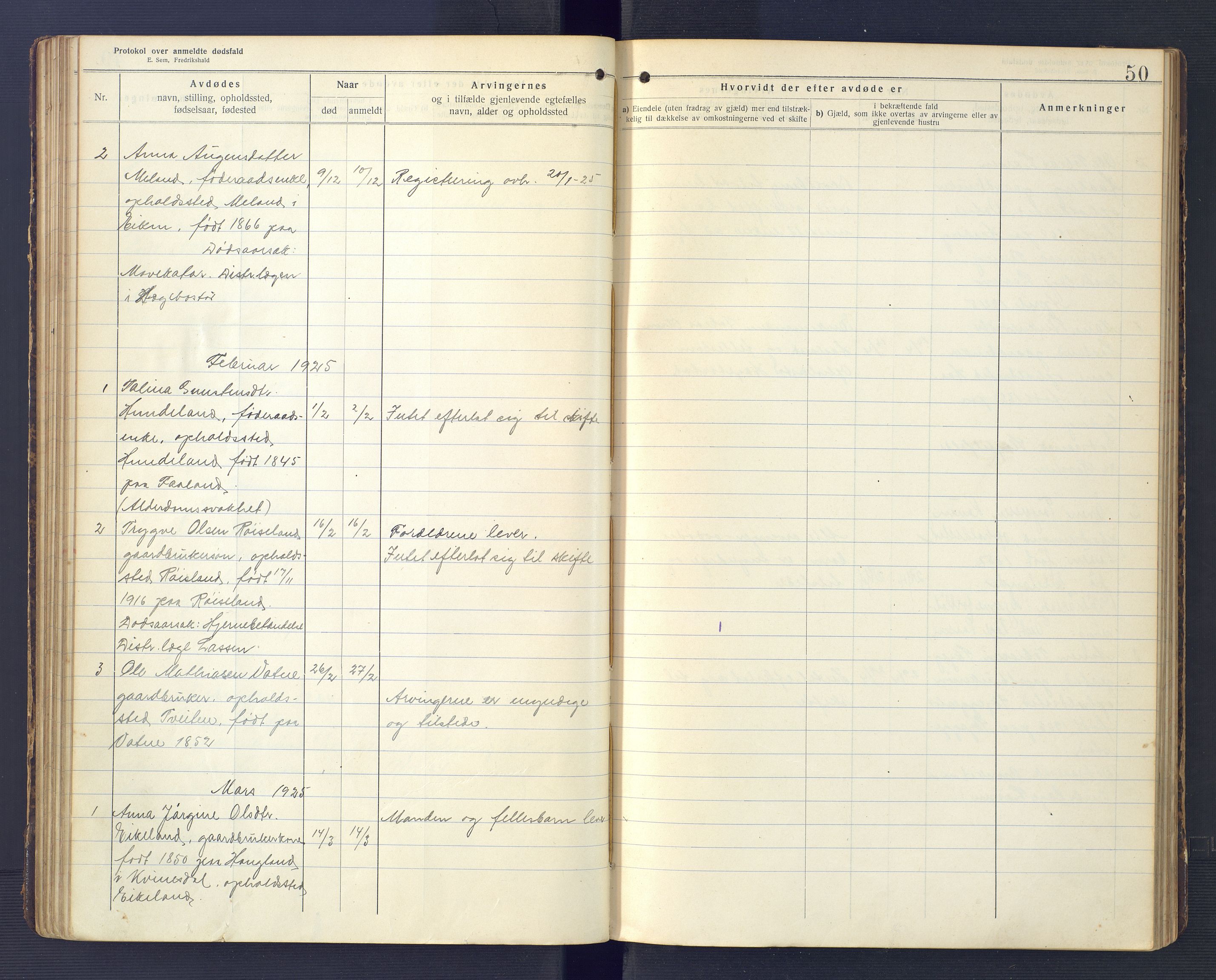 Hægebostad og Eiken lensmannskontor, SAK/1241-0023/F/Fe/L0002: Dødsfallsprotokoll nr 34, 1917-1932, s. 50