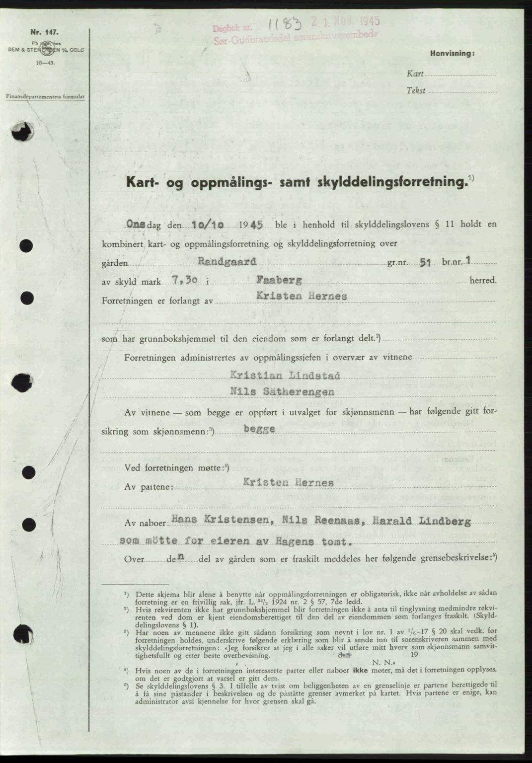 Sør-Gudbrandsdal tingrett, SAH/TING-004/H/Hb/Hbd/L0015: Pantebok nr. A15, 1945-1946, Dagboknr: 1183/1945