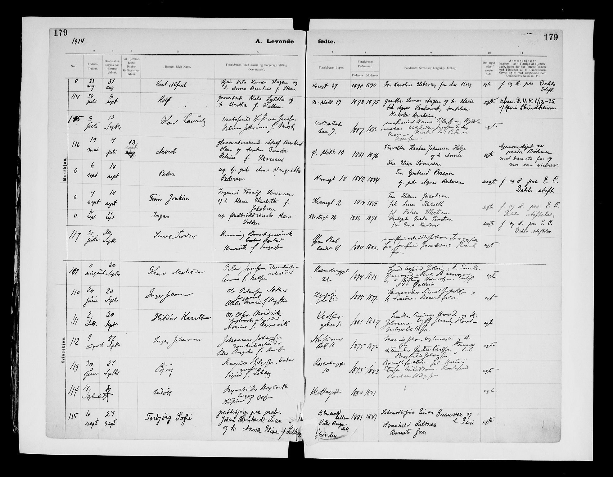 Ministerialprotokoller, klokkerbøker og fødselsregistre - Sør-Trøndelag, SAT/A-1456/604/L0203: Ministerialbok nr. 604A23, 1908-1916, s. 179