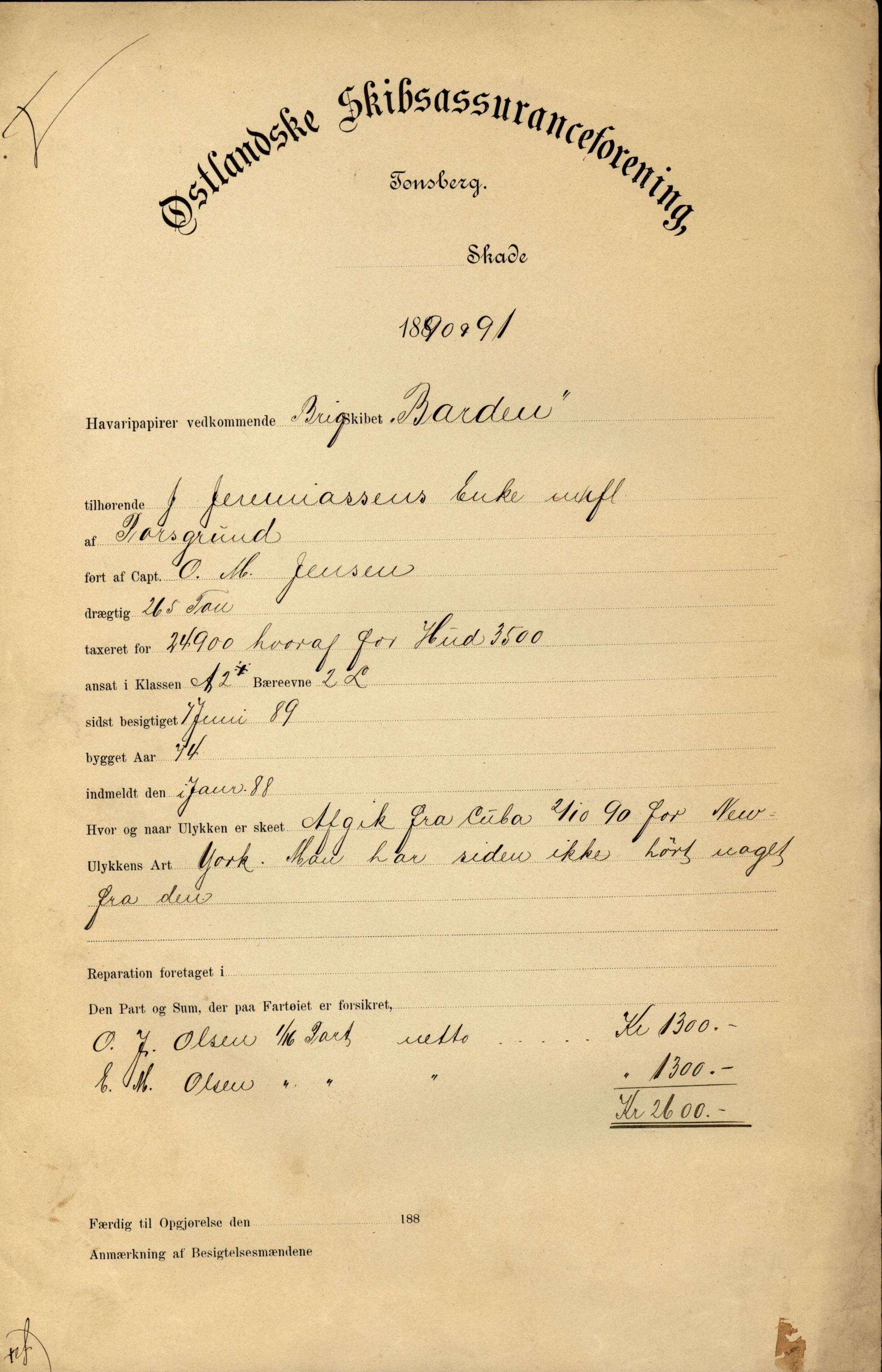 Pa 63 - Østlandske skibsassuranceforening, VEMU/A-1079/G/Ga/L0026/0008: Havaridokumenter / Bernadotte, Bardeu, Augustinus, Atlanta, Arne, 1890, s. 4