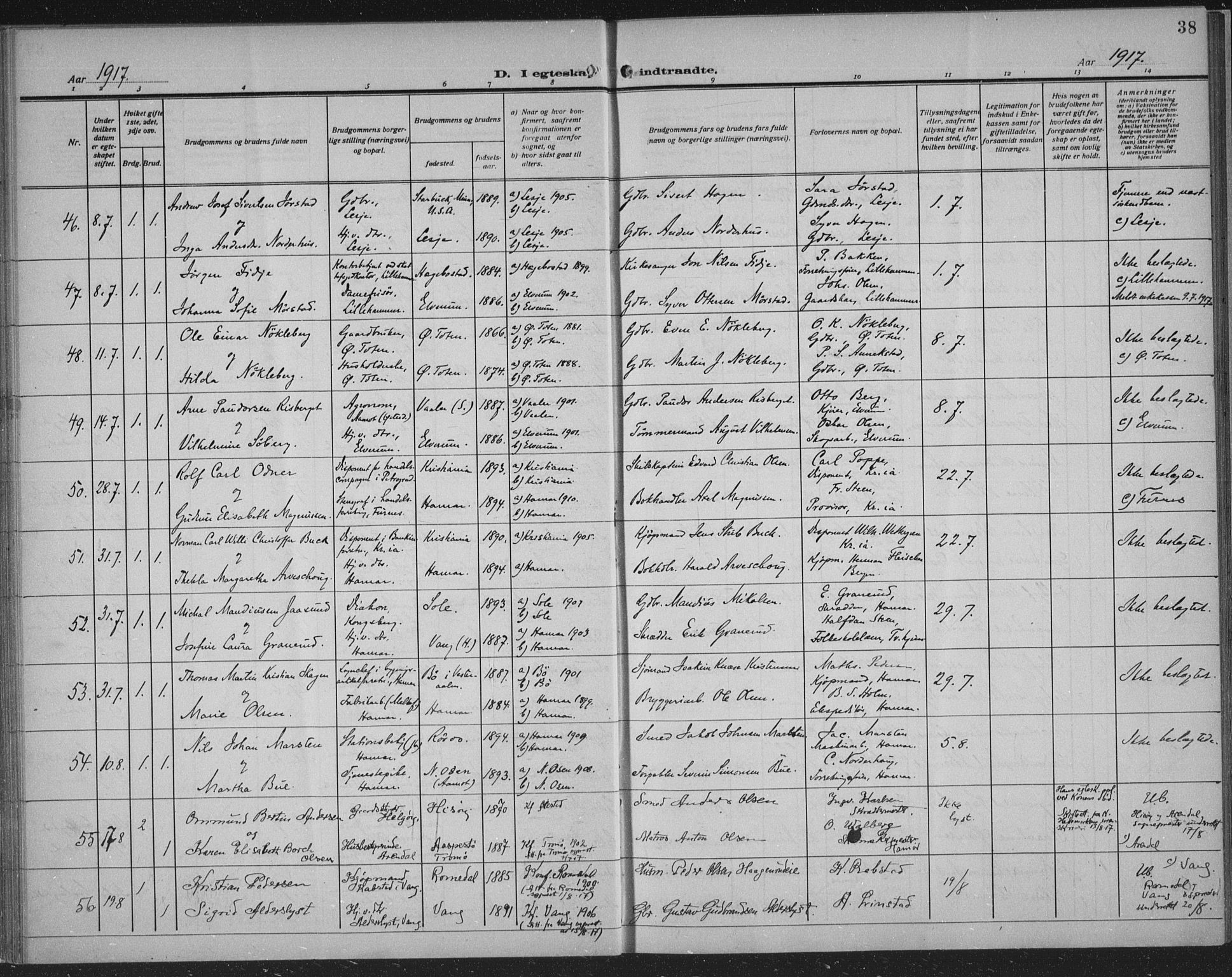 Hamar prestekontor, AV/SAH-DOMPH-002/H/Ha/Haa/L0003: Ministerialbok nr. 3, 1913-1930, s. 38