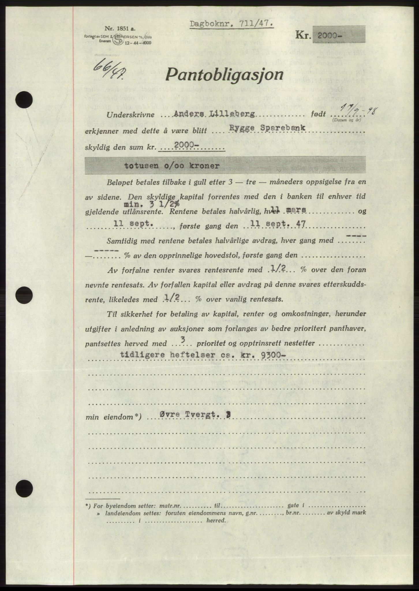 Moss sorenskriveri, SAO/A-10168: Pantebok nr. B16, 1946-1947, Dagboknr: 711/1947