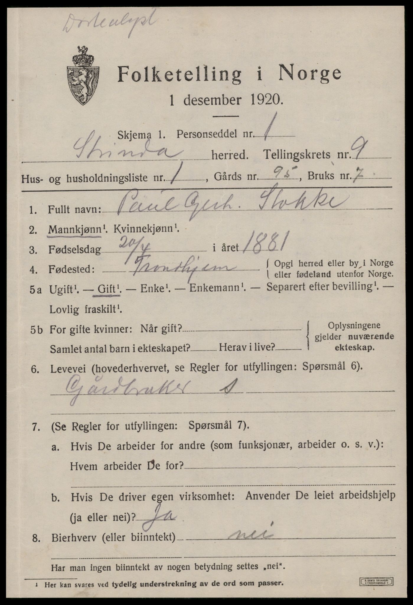 SAT, Folketelling 1920 for 1660 Strinda herred, 1920, s. 22218