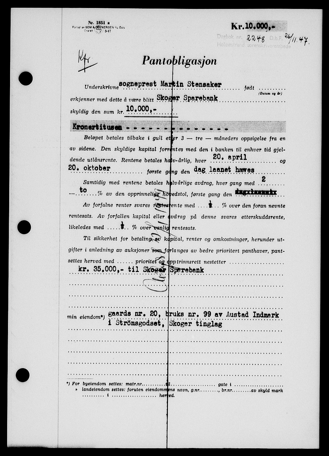 Holmestrand sorenskriveri, SAKO/A-67/G/Ga/Gab/L0058: Pantebok nr. B-58, 1947-1948, Dagboknr: 2248/1947