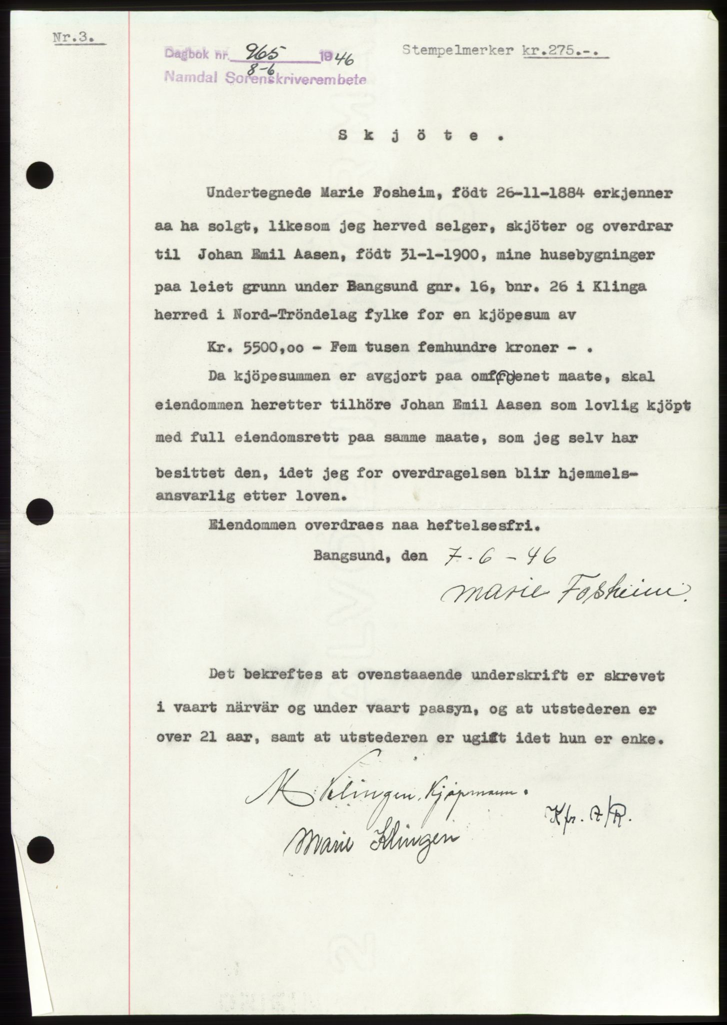 Namdal sorenskriveri, SAT/A-4133/1/2/2C: Pantebok nr. -, 1946-1946, Dagboknr: 965/1946
