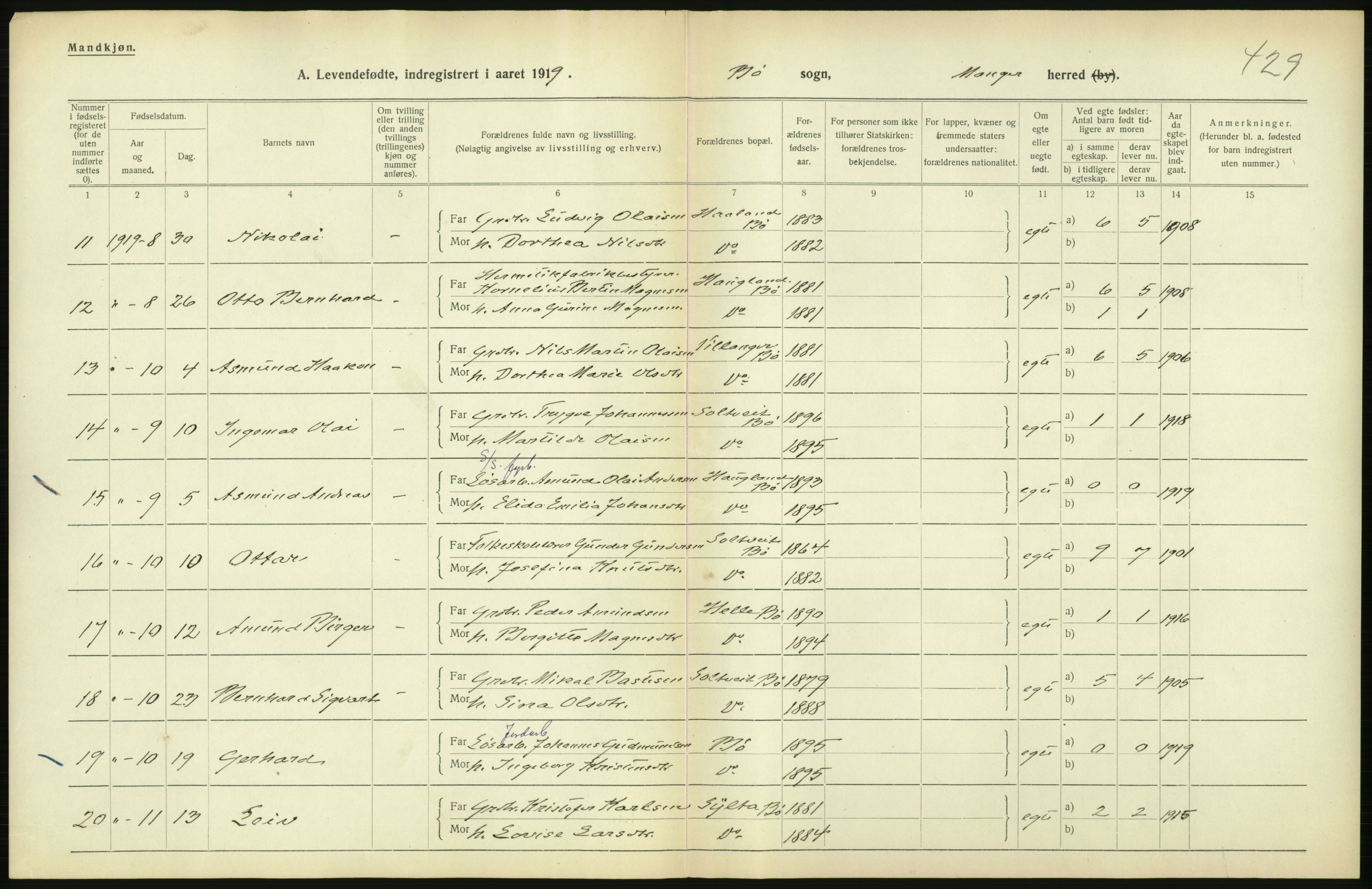 Statistisk sentralbyrå, Sosiodemografiske emner, Befolkning, RA/S-2228/D/Df/Dfb/Dfbi/L0031: Hordaland fylke: Levendefødte menn og kvinner. Bygder., 1919, s. 10