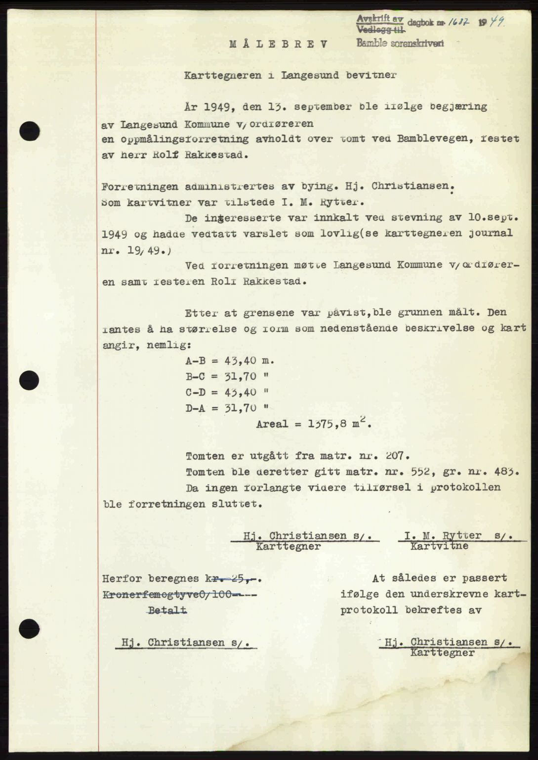 Bamble sorenskriveri, SAKO/A-214/G/Ga/Gag/L0015: Pantebok nr. A-15, 1949-1949, Dagboknr: 1637/1949