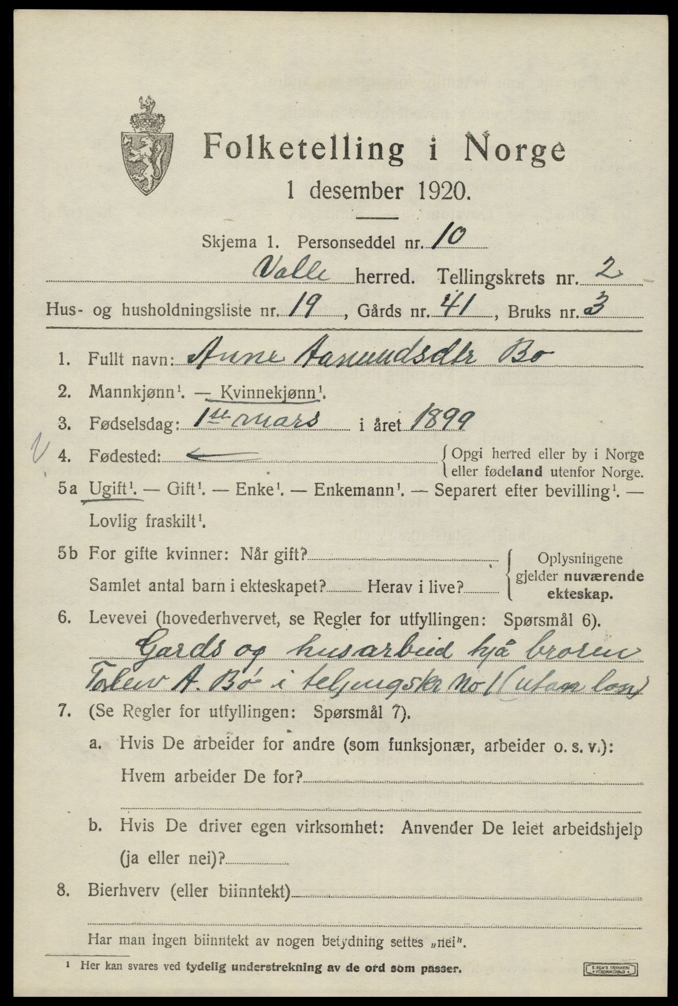 SAK, Folketelling 1920 for 0940 Valle herred, 1920, s. 1151