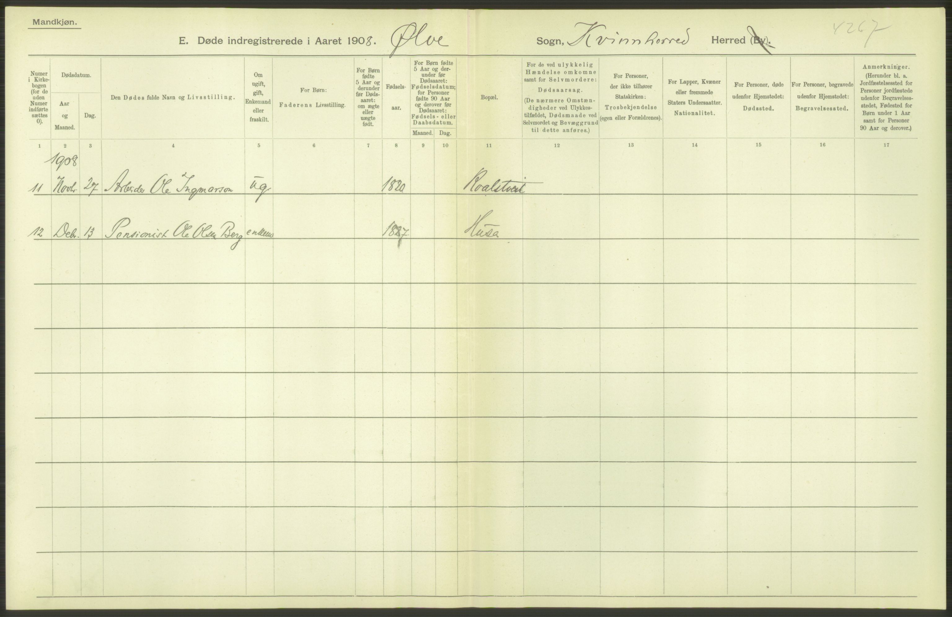 Statistisk sentralbyrå, Sosiodemografiske emner, Befolkning, AV/RA-S-2228/D/Df/Dfa/Dfaf/L0029: S. Bergenhus amt: Døde. Bygder., 1908, s. 14