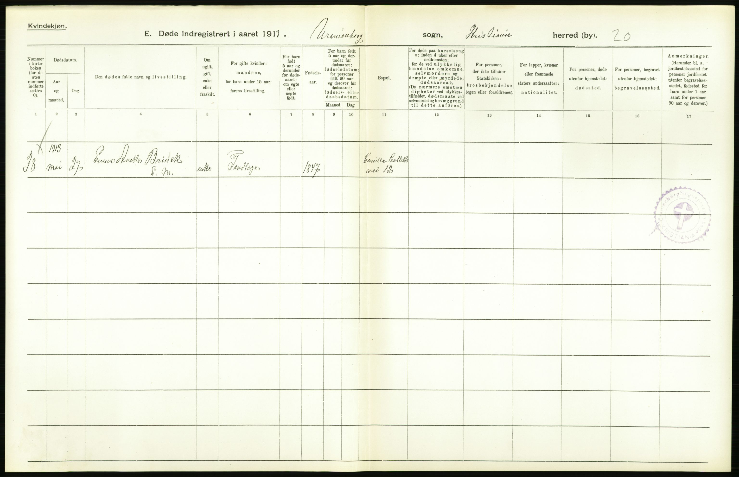 Statistisk sentralbyrå, Sosiodemografiske emner, Befolkning, AV/RA-S-2228/D/Df/Dfb/Dfbc/L0009: Kristiania: Døde., 1913, s. 16