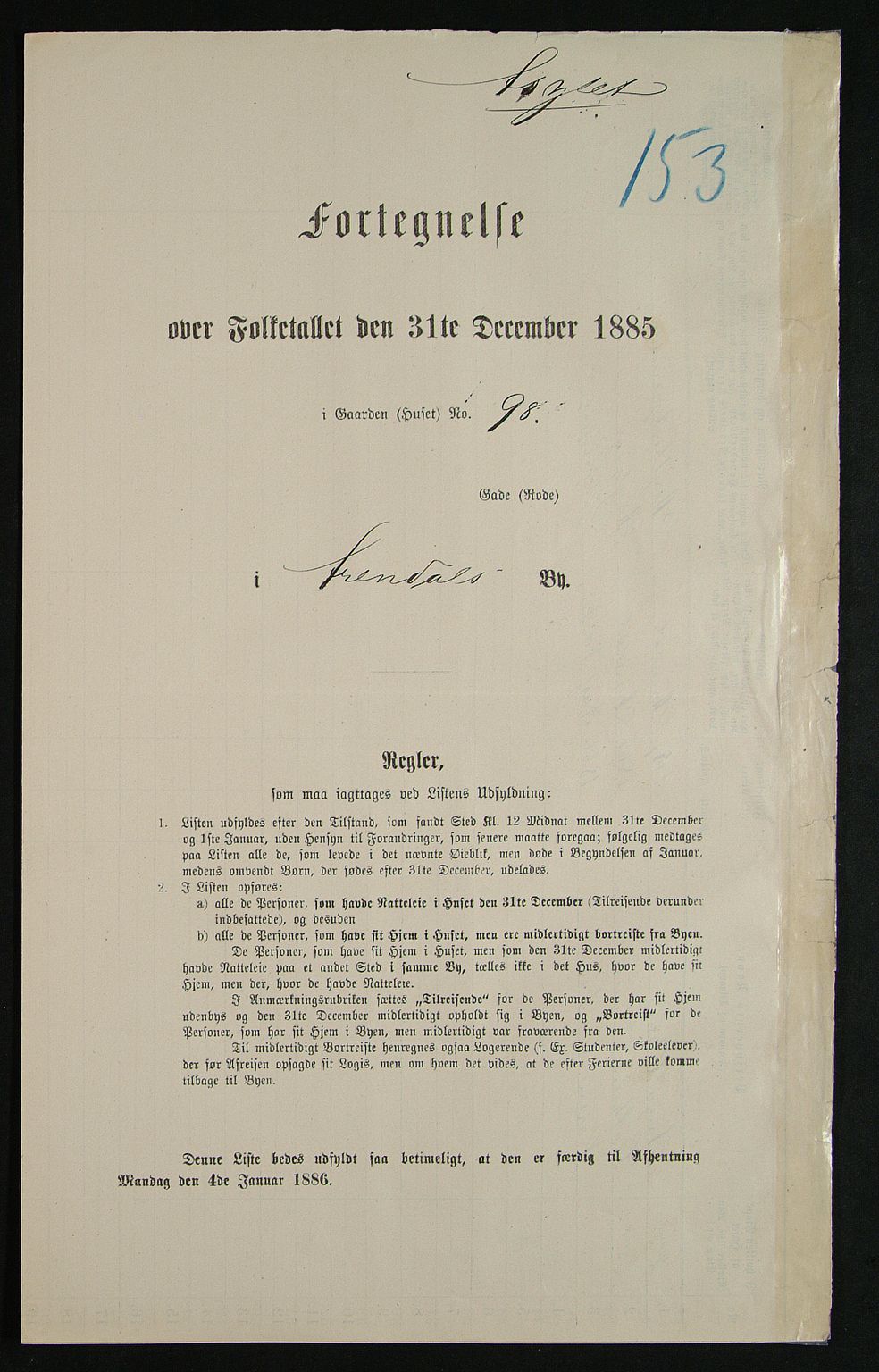 SAK, Folketelling 1885 for 0903 Arendal kjøpstad, 1885, s. 153