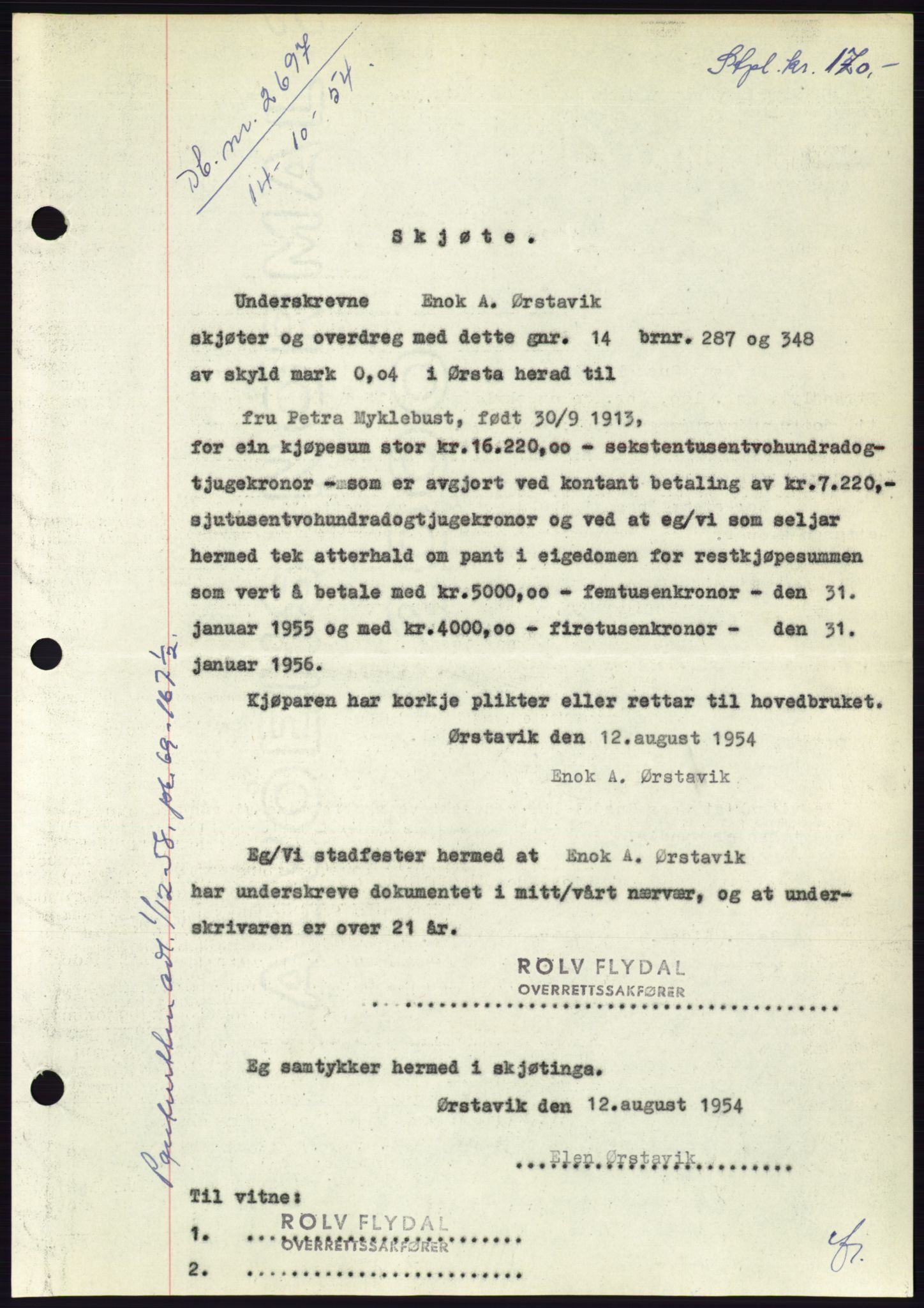 Søre Sunnmøre sorenskriveri, AV/SAT-A-4122/1/2/2C/L0099: Pantebok nr. 25A, 1954-1954, Dagboknr: 2697/1954