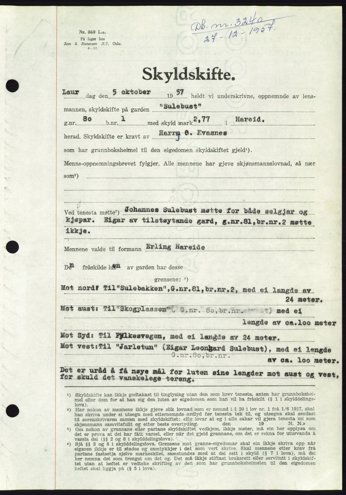Søre Sunnmøre sorenskriveri, SAT/A-4122/1/2/2C/L0108: Pantebok nr. 34A, 1957-1958, Dagboknr: 3240/1957
