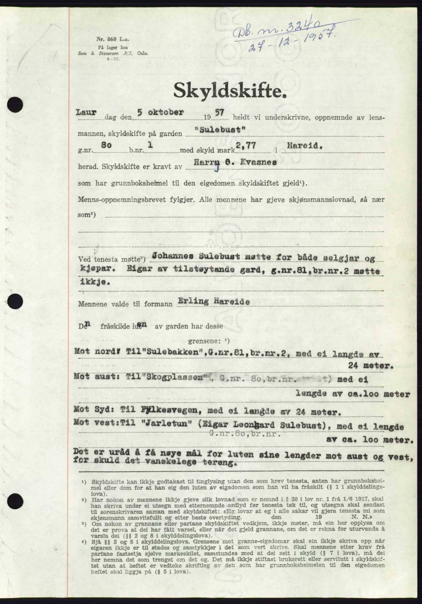 Søre Sunnmøre sorenskriveri, AV/SAT-A-4122/1/2/2C/L0108: Pantebok nr. 34A, 1957-1958, Dagboknr: 3240/1957