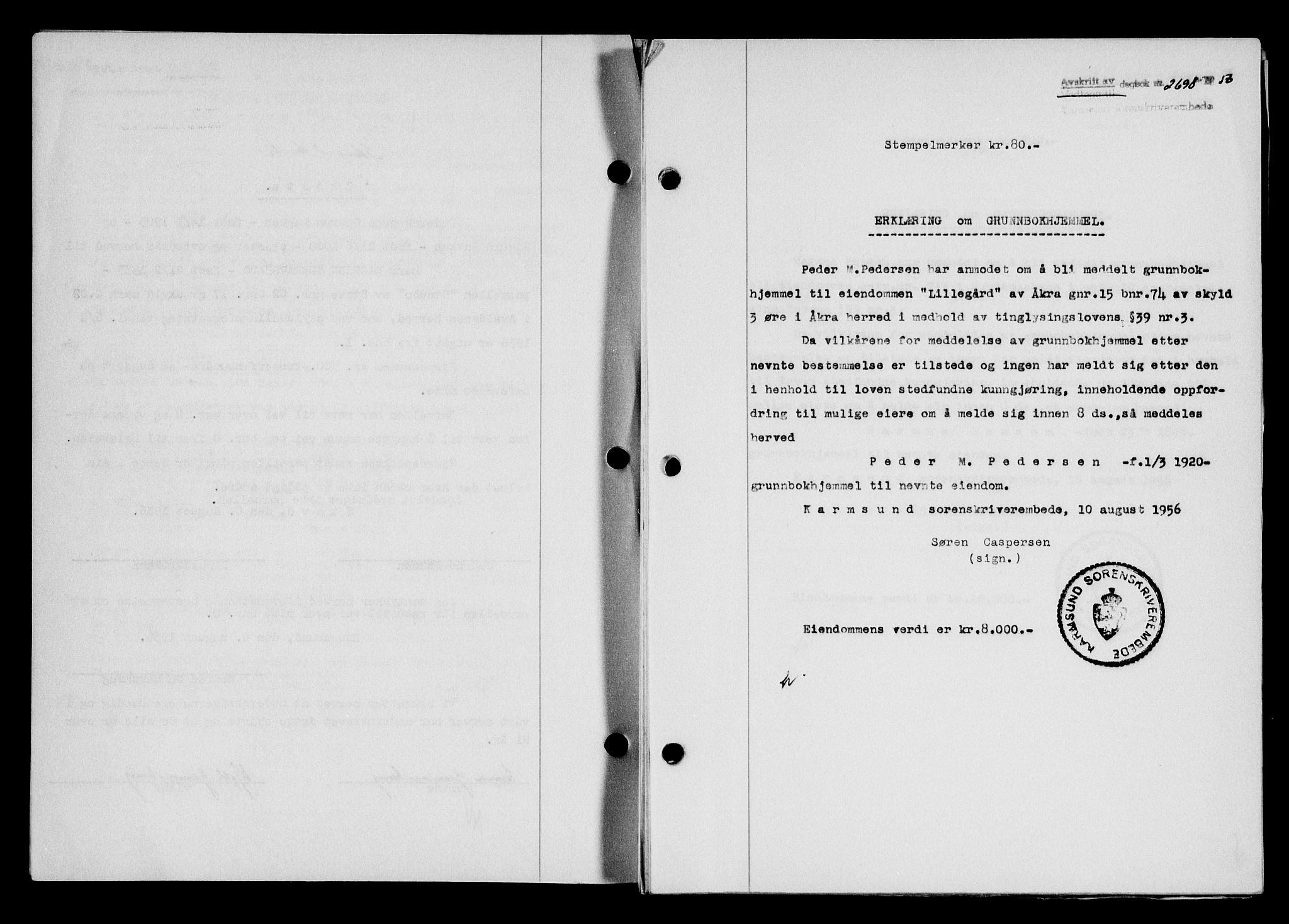 Karmsund sorenskriveri, SAST/A-100311/01/II/IIB/L0121: Pantebok nr. 101A, 1956-1956, Dagboknr: 2698/1956