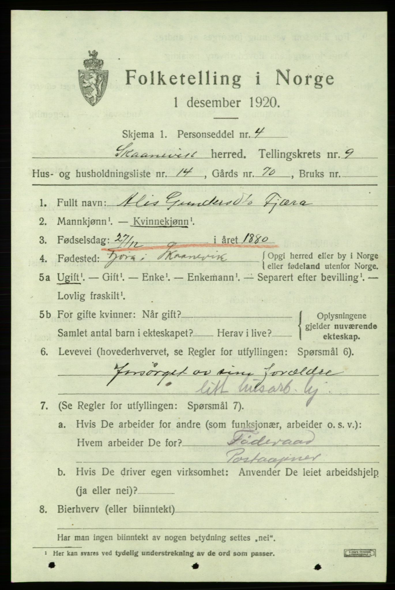 SAB, Folketelling 1920 for 1212 Skånevik herred, 1920, s. 5045