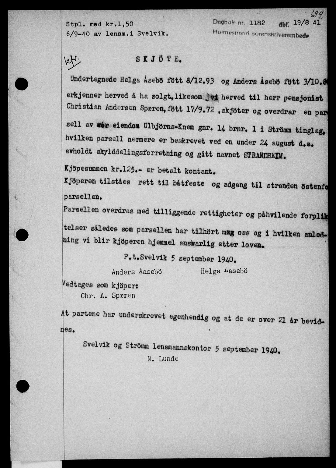 Holmestrand sorenskriveri, SAKO/A-67/G/Ga/Gaa/L0053: Pantebok nr. A-53, 1941-1941, Dagboknr: 1182/1941