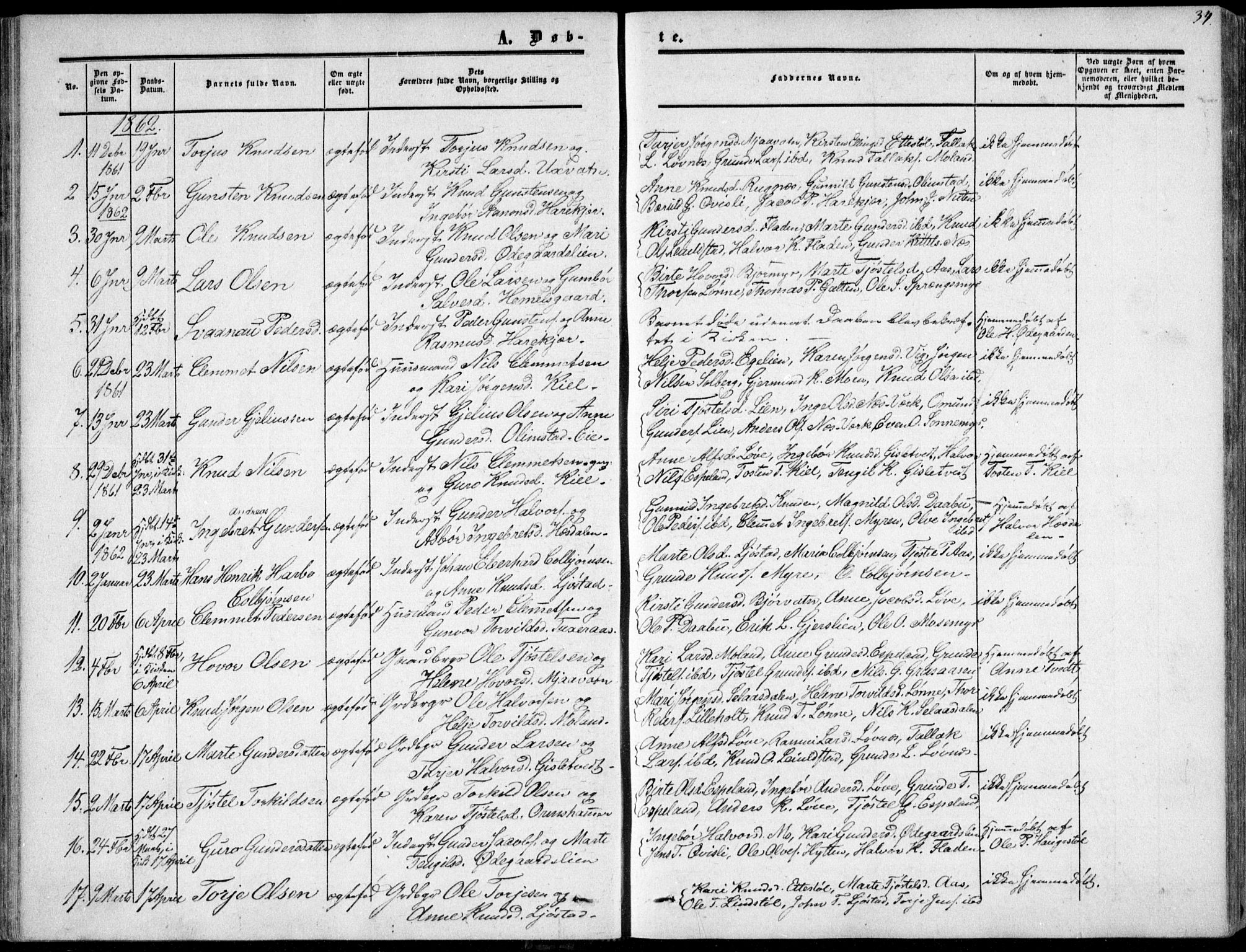 Gjerstad sokneprestkontor, AV/SAK-1111-0014/F/Fa/Fab/L0003: Ministerialbok nr. A 3, 1853-1878, s. 34
