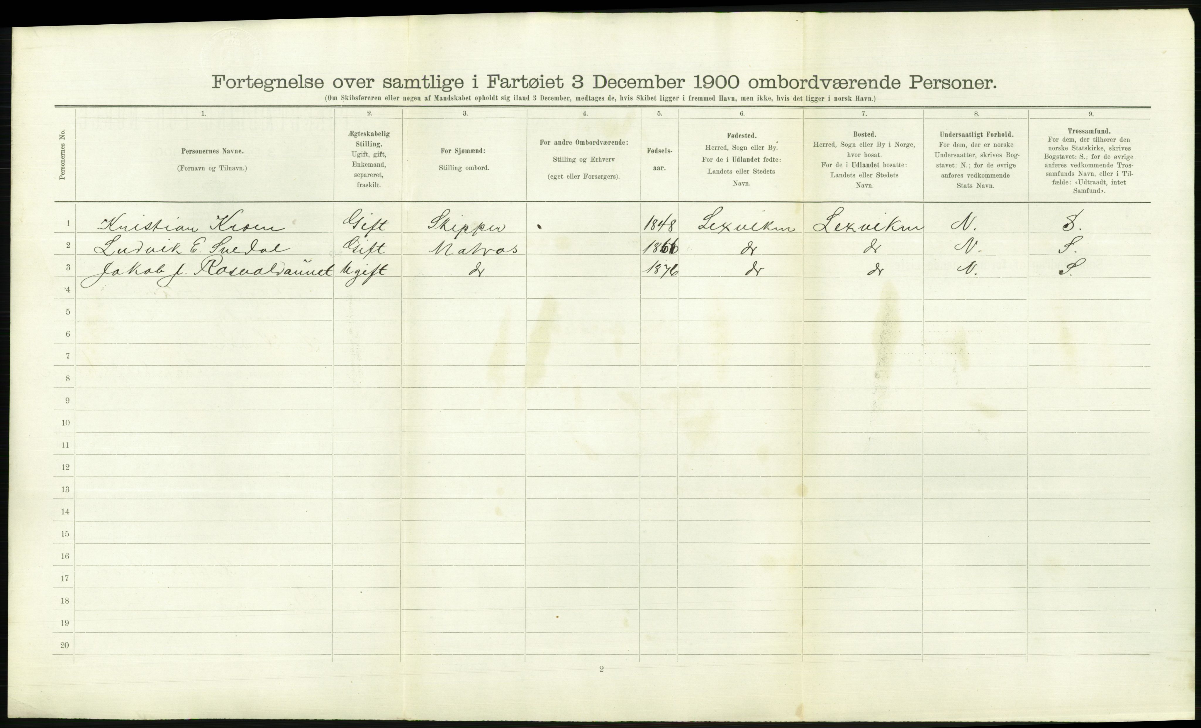 RA, Folketelling 1900 - skipslister med personlister for skip i norske havner, utenlandske havner og til havs, 1900, s. 2534