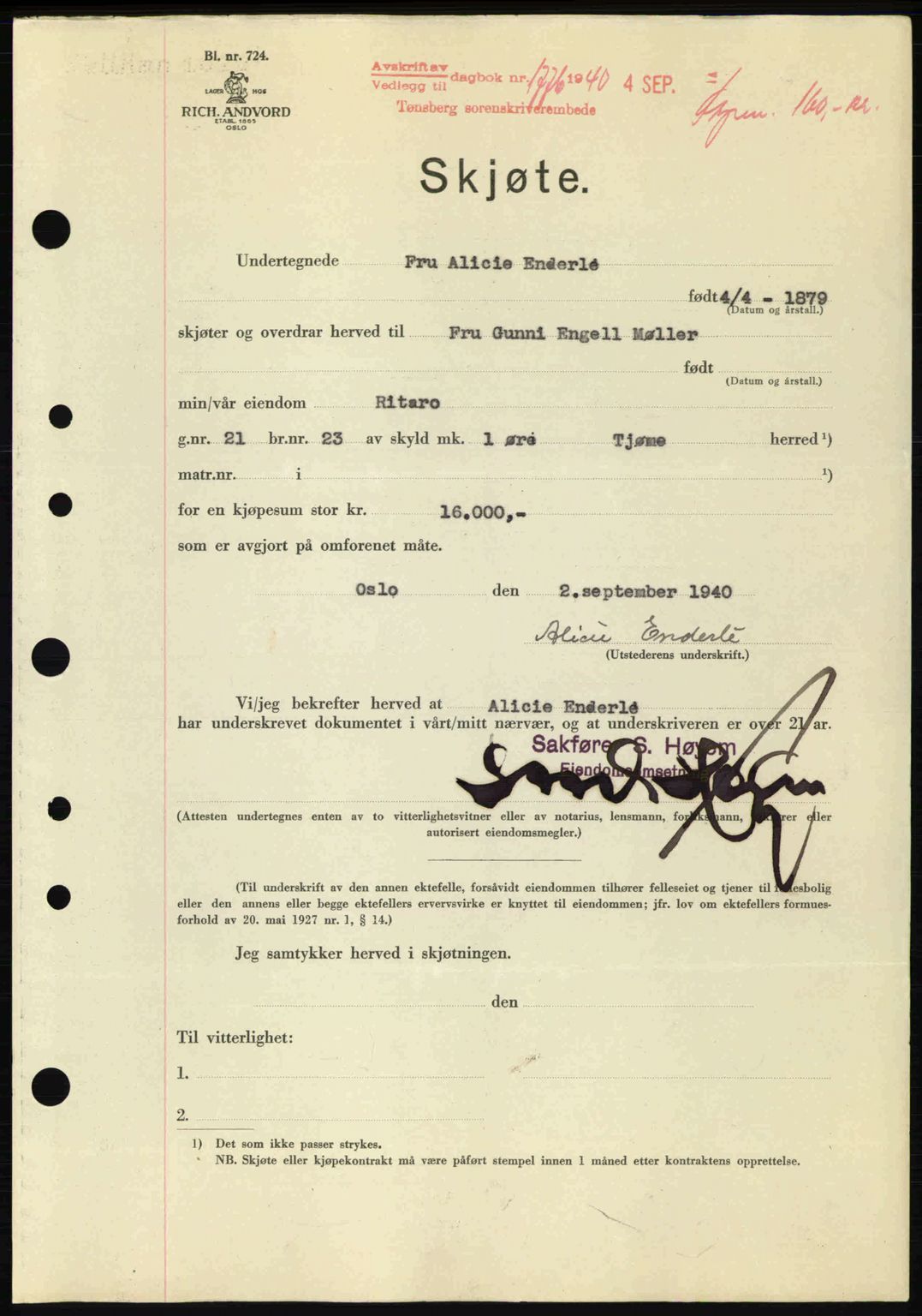 Tønsberg sorenskriveri, AV/SAKO-A-130/G/Ga/Gaa/L0009: Pantebok nr. A9, 1940-1941, Dagboknr: 1776/1940