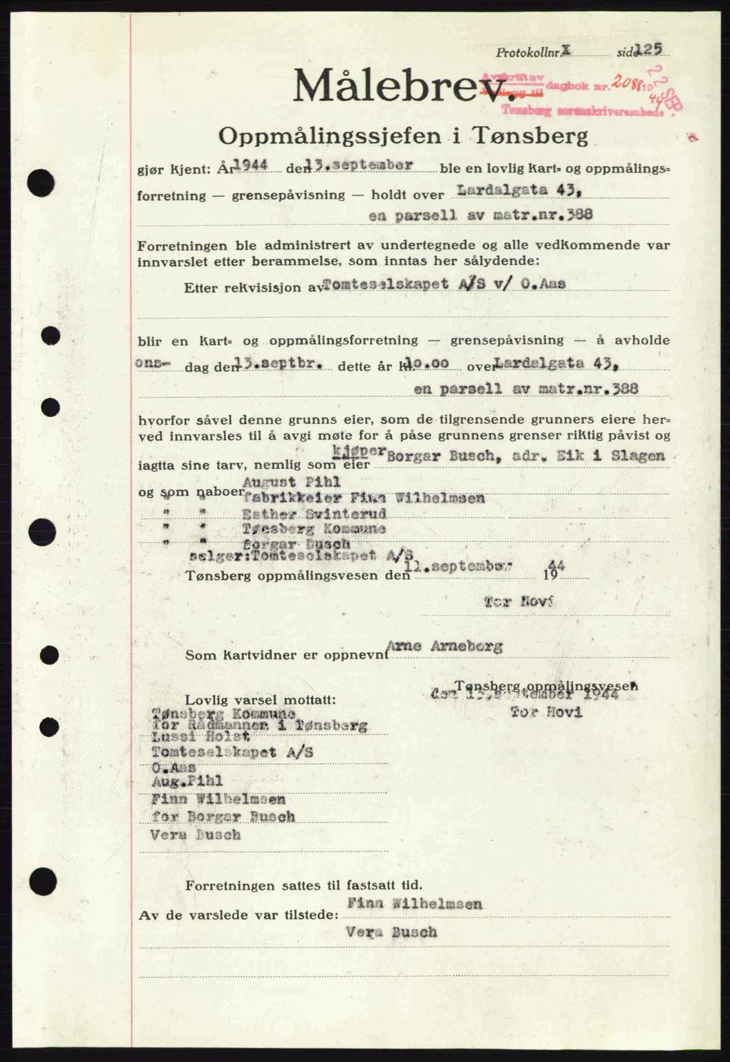 Tønsberg sorenskriveri, AV/SAKO-A-130/G/Ga/Gaa/L0016: Pantebok nr. A16, 1944-1945, Dagboknr: 2088/1944