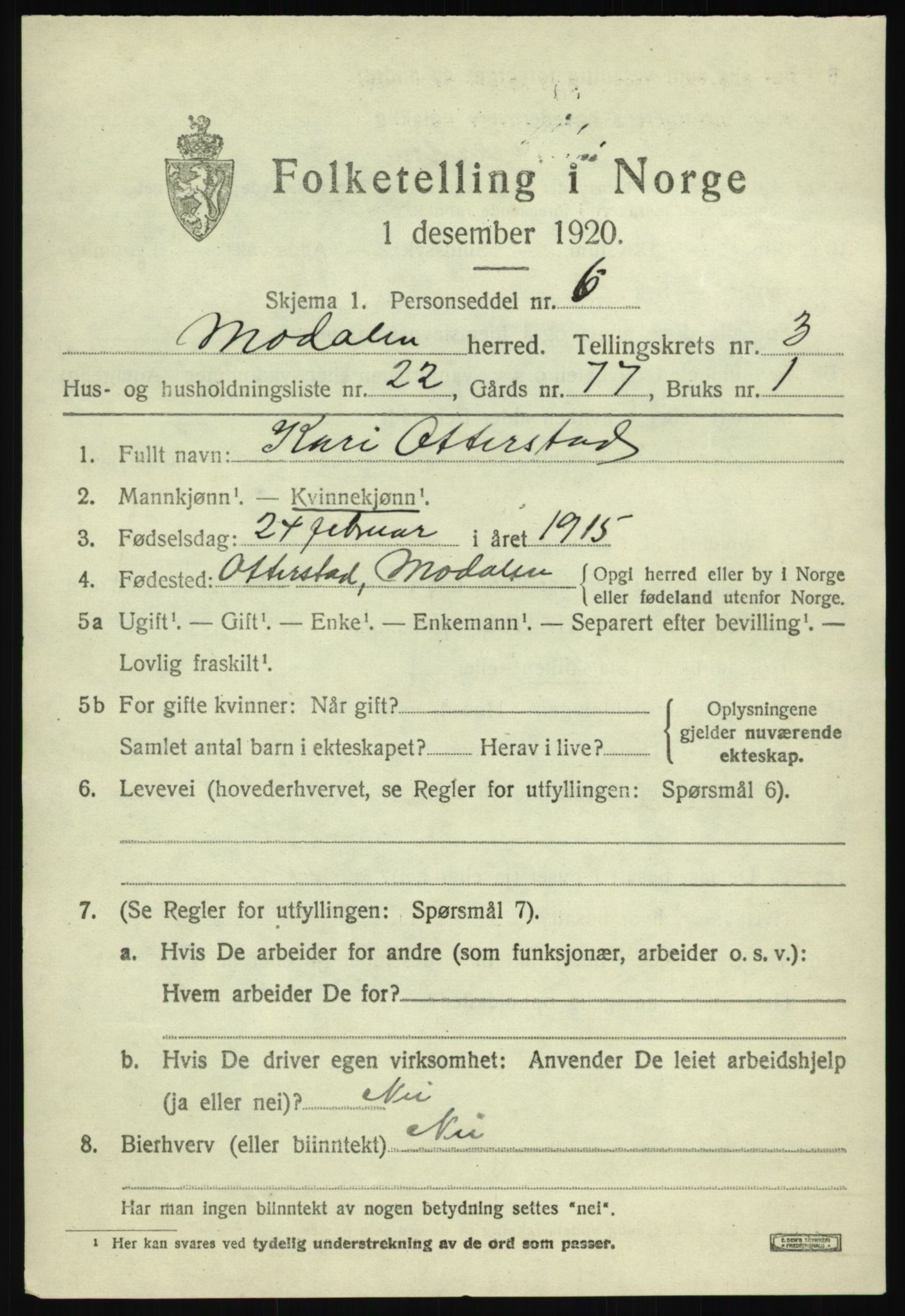 SAB, Folketelling 1920 for 1252 Modalen herred, 1920, s. 794